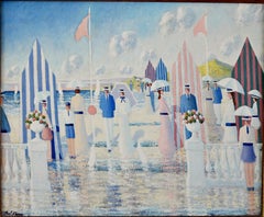 Painting People on the Beach with Cabins by Paul Frans