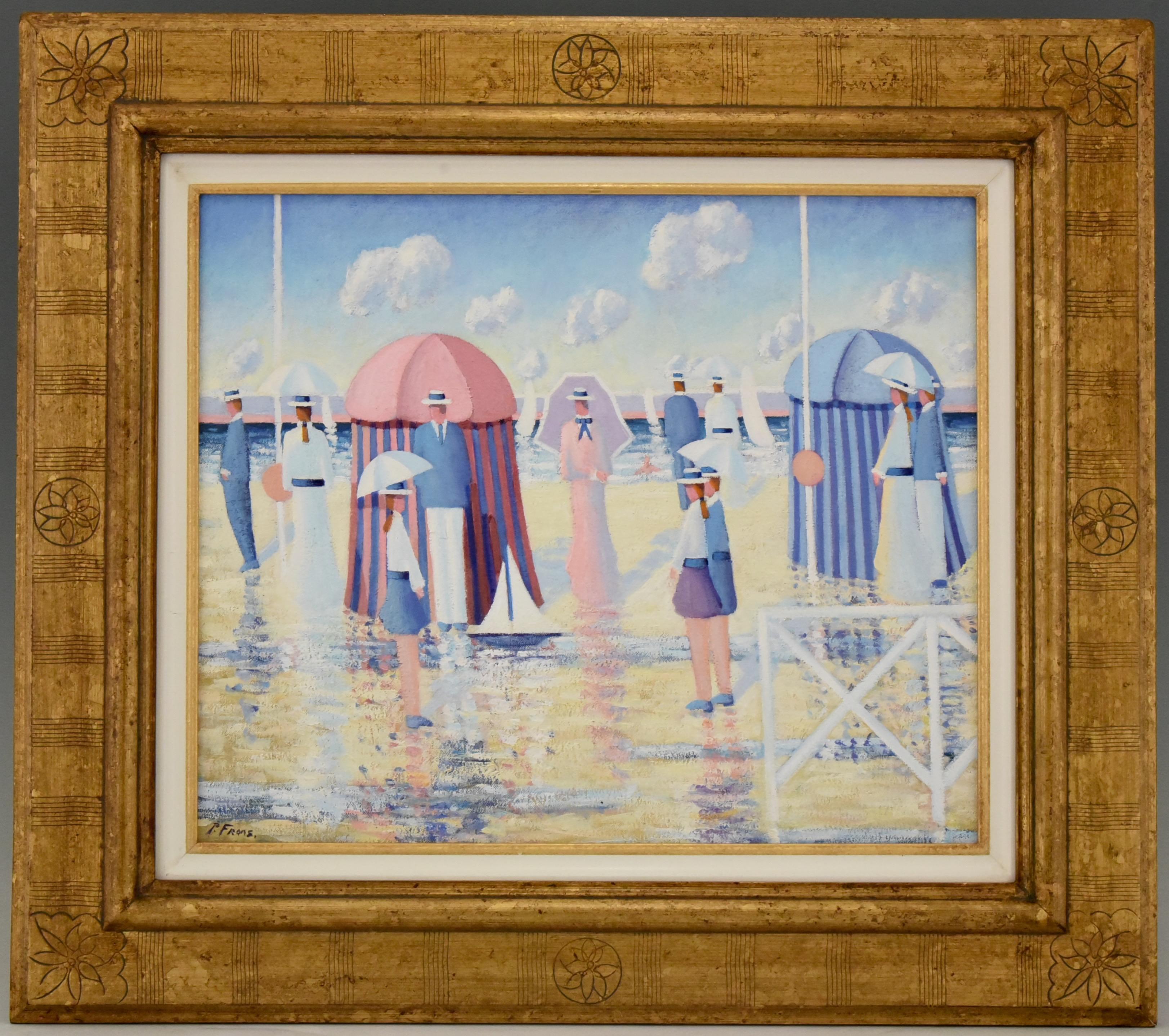 Painting People on the Beach with Cabins by Paul Frans For Sale 3