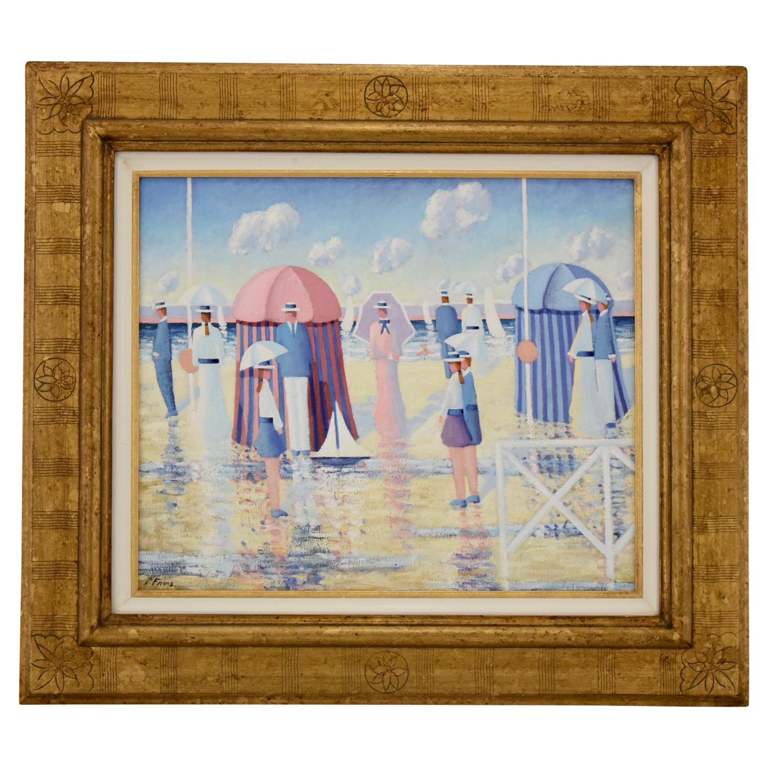 Painting People on the Beach with Cabins by Paul Frans For Sale