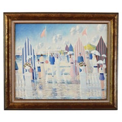 Vintage Painting People on the Beach with Cabins by Paul Frans
