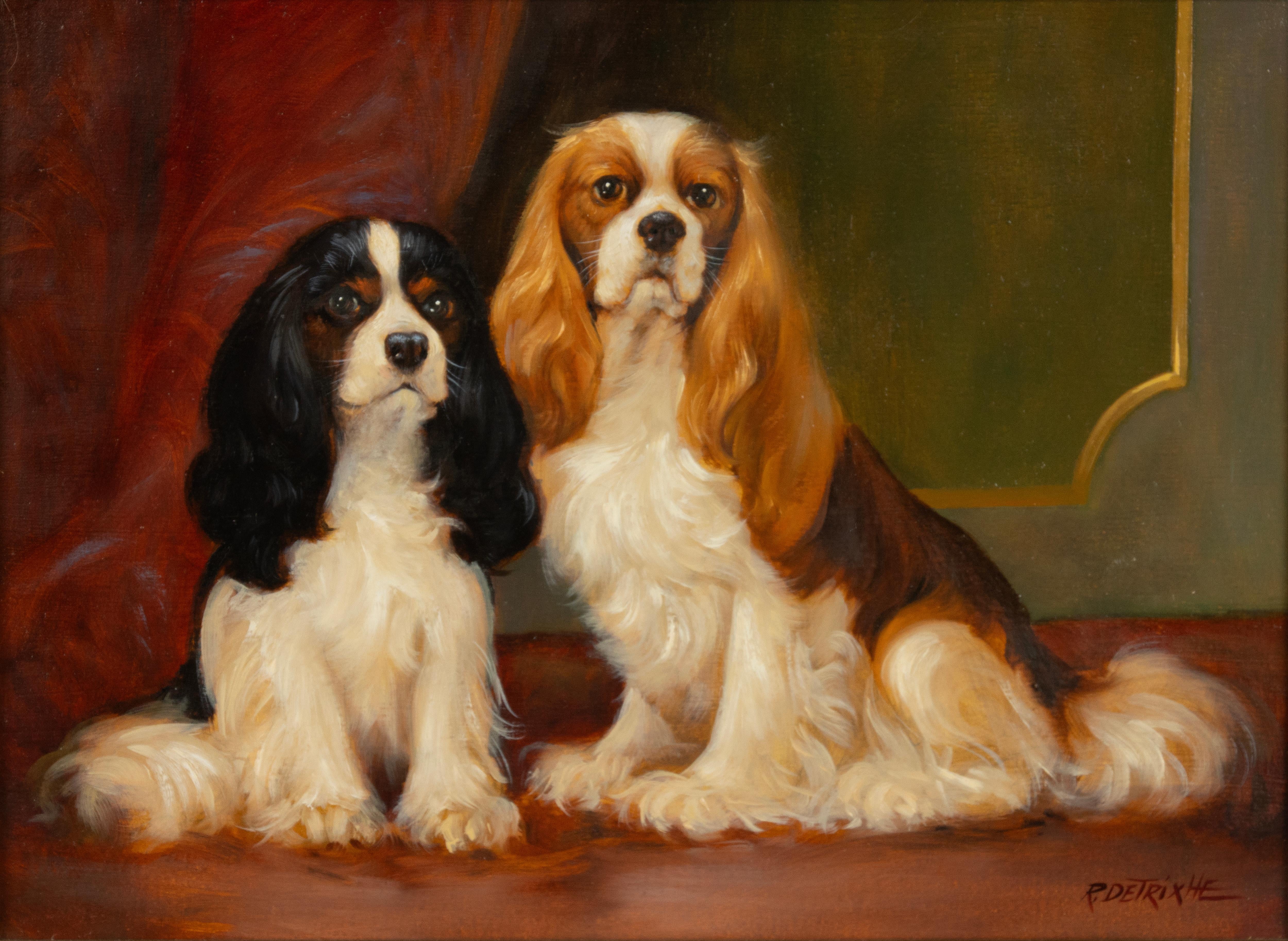 A super sweet painting, a portrait of two cavalier King Charles Spaniel dogs.
The painting was made by the Belgian artist Robert Detrixhe. The painter was born in 1935 and was particularly active at the end of the 20th century. He mainly painted