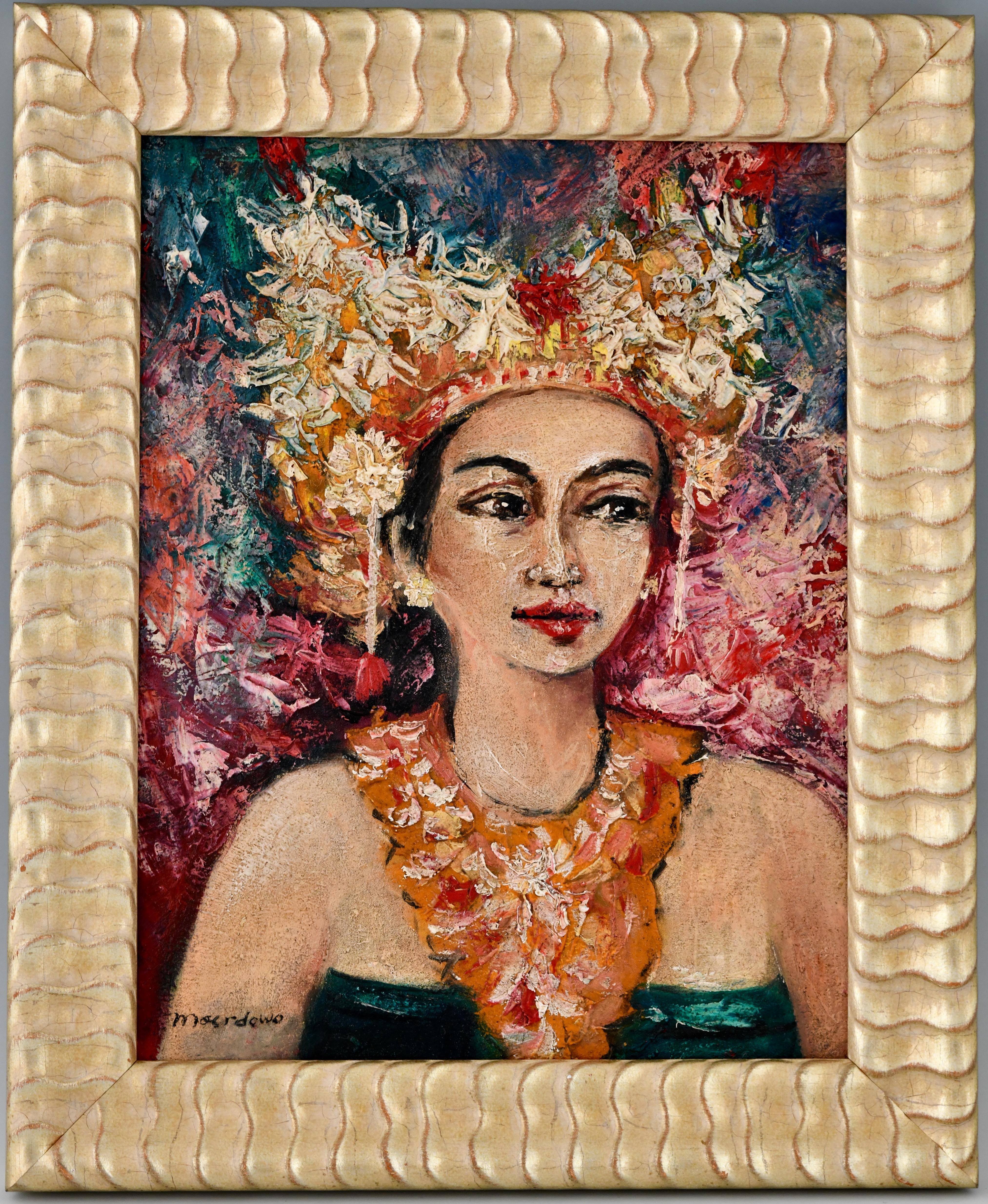 Painting, portrait of a Balinese beauty by Dr. R. M Moerdowo (1919- 1986) Ca; 1960/1970. Oil on canvas, gilt wood frame. 
Works in the collection of the NEKA museum, Bali. ? R.M. Moerdowo, Reflections on Balinese Traditional and Modern Arts,
