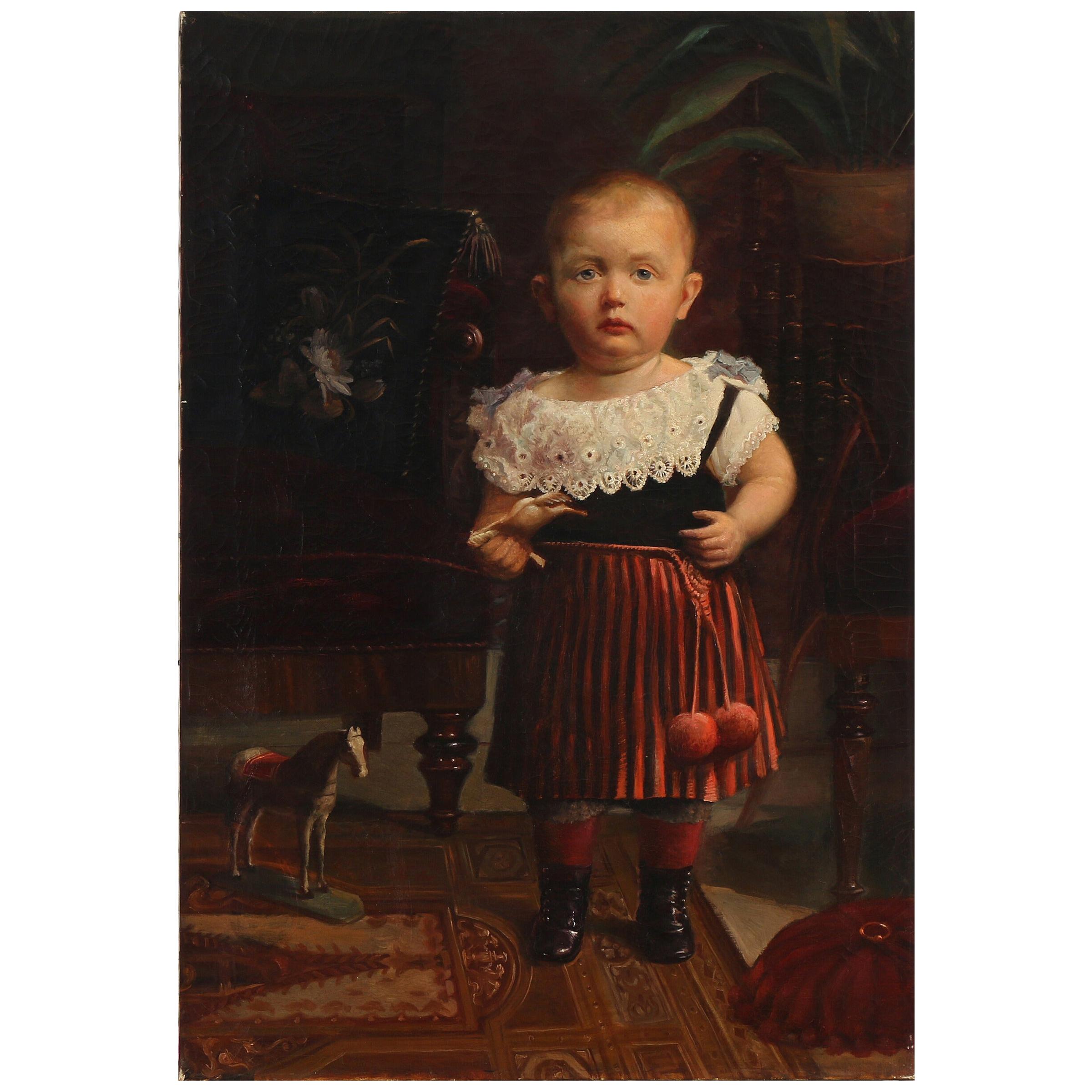 Painting Portrait of Boy with Toy Horse