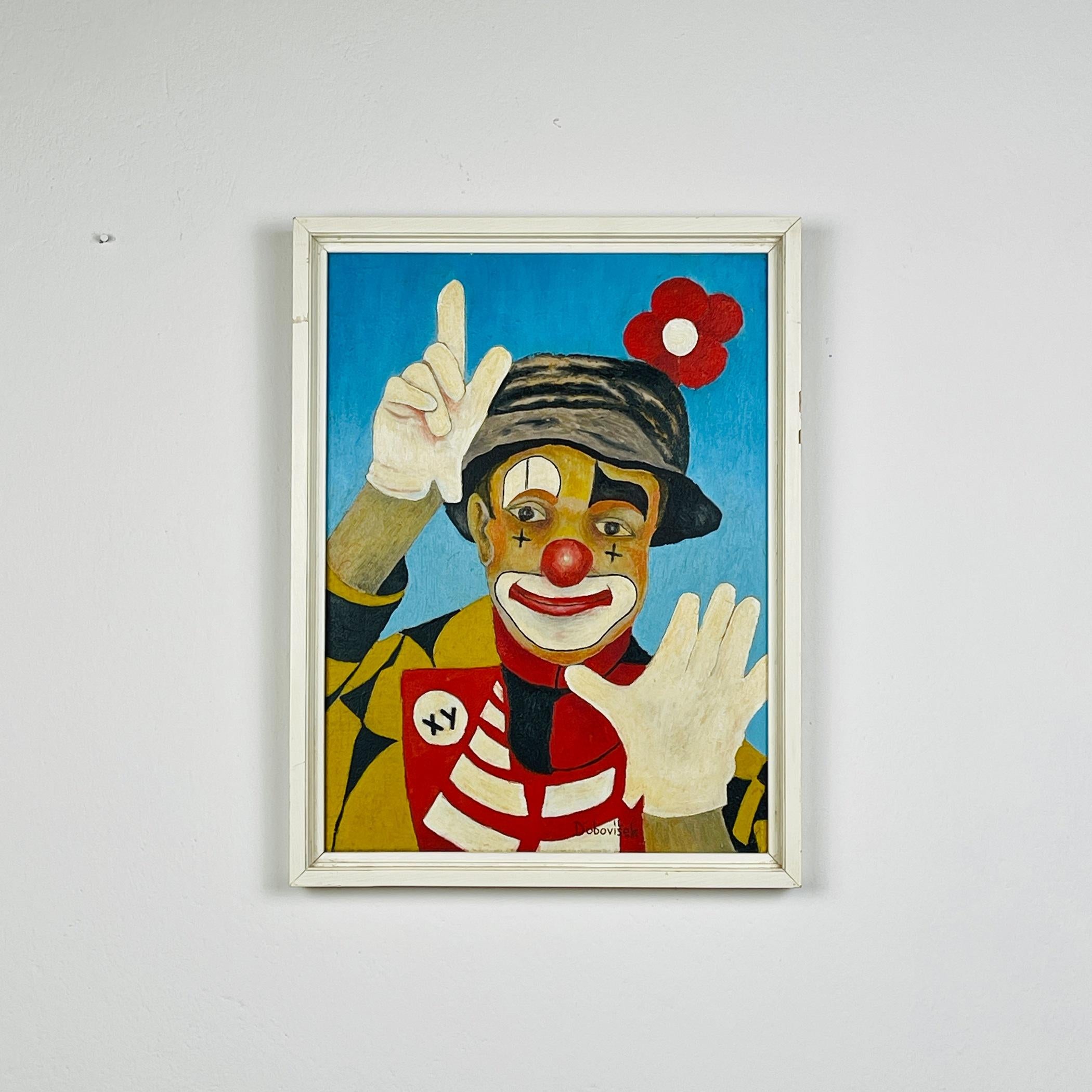 Peinture portrait Clown triste, huile, panneau dur, Oto Dobovišek, Yougoslavie 1989s en vente 2