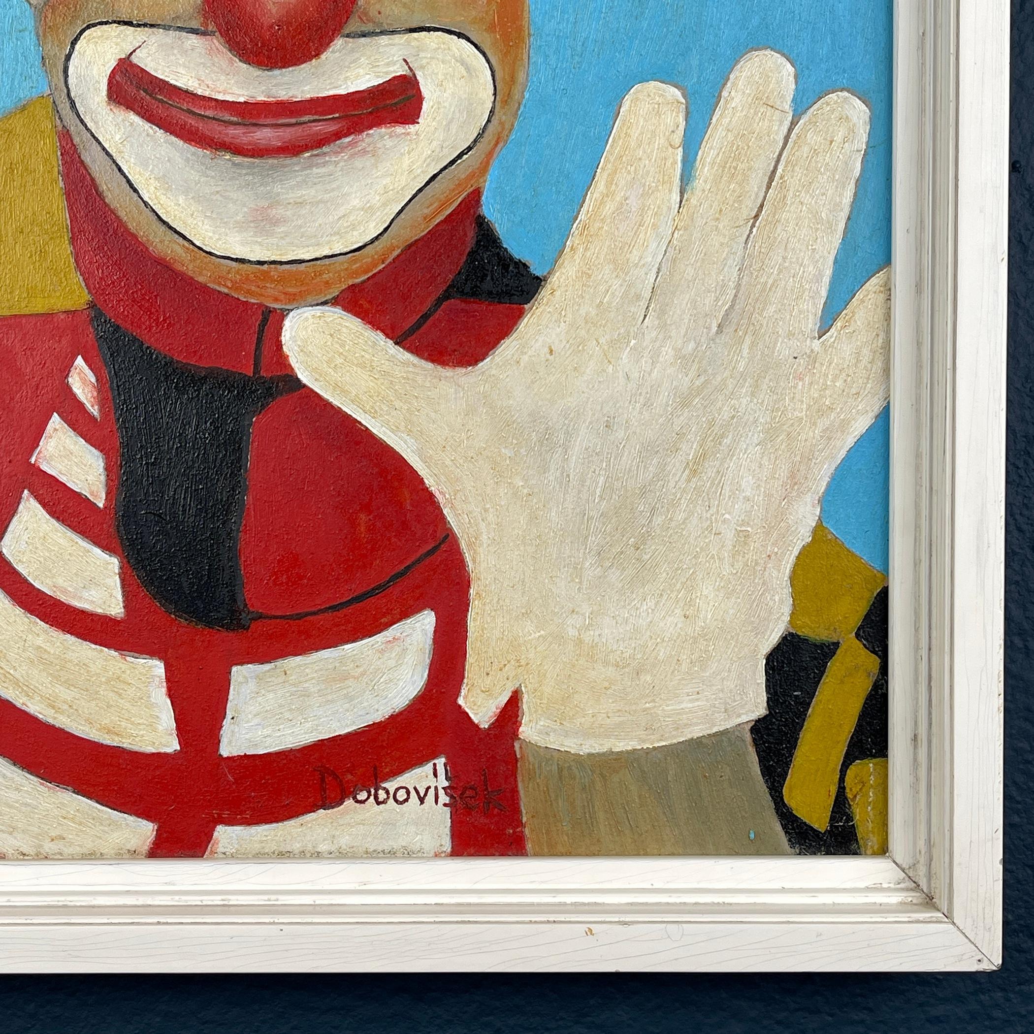 Folk Art Painting portrait Sad Clown, oil, hardboard, Oto Dobovišek, Yugoslavia 1989s For Sale