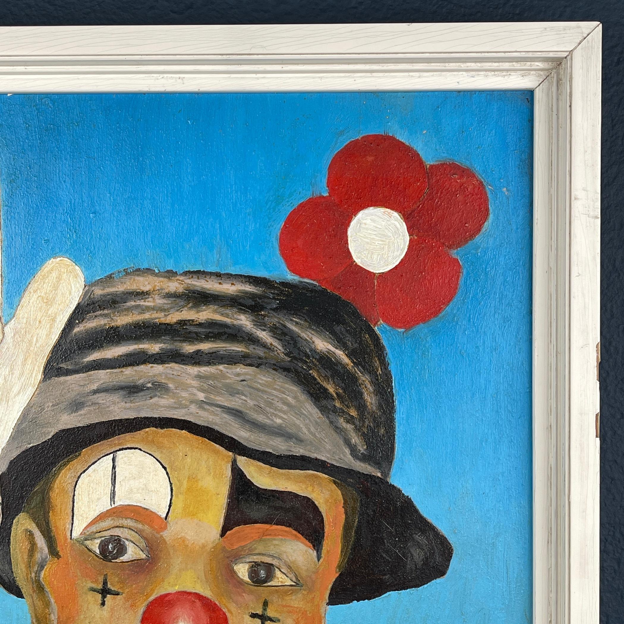 Slovenian Painting portrait Sad Clown, oil, hardboard, Oto Dobovišek, Yugoslavia 1989s For Sale