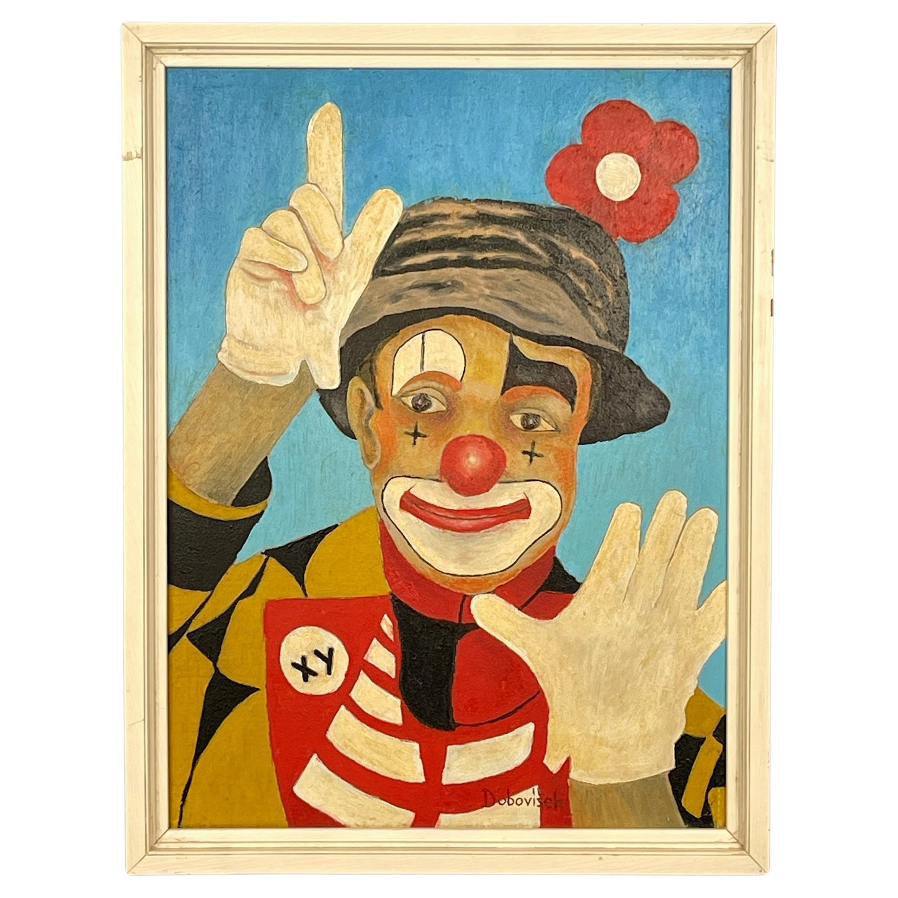 Painting portrait Sad Clown, oil, hardboard, Oto Dobovišek, Yugoslavia 1989s For Sale