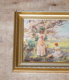 TABLEAU IMPRIMÉ CADRE DORÉ ''CUEILLIR DES FLEURS'' PAR ALFRED GLENDENING JR. 42x52 CM