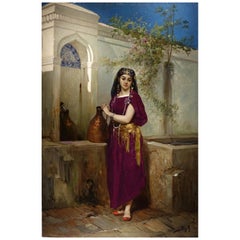 Painting Representing a Young Girl at a Fountain, Signed BEYLE, circa 1878