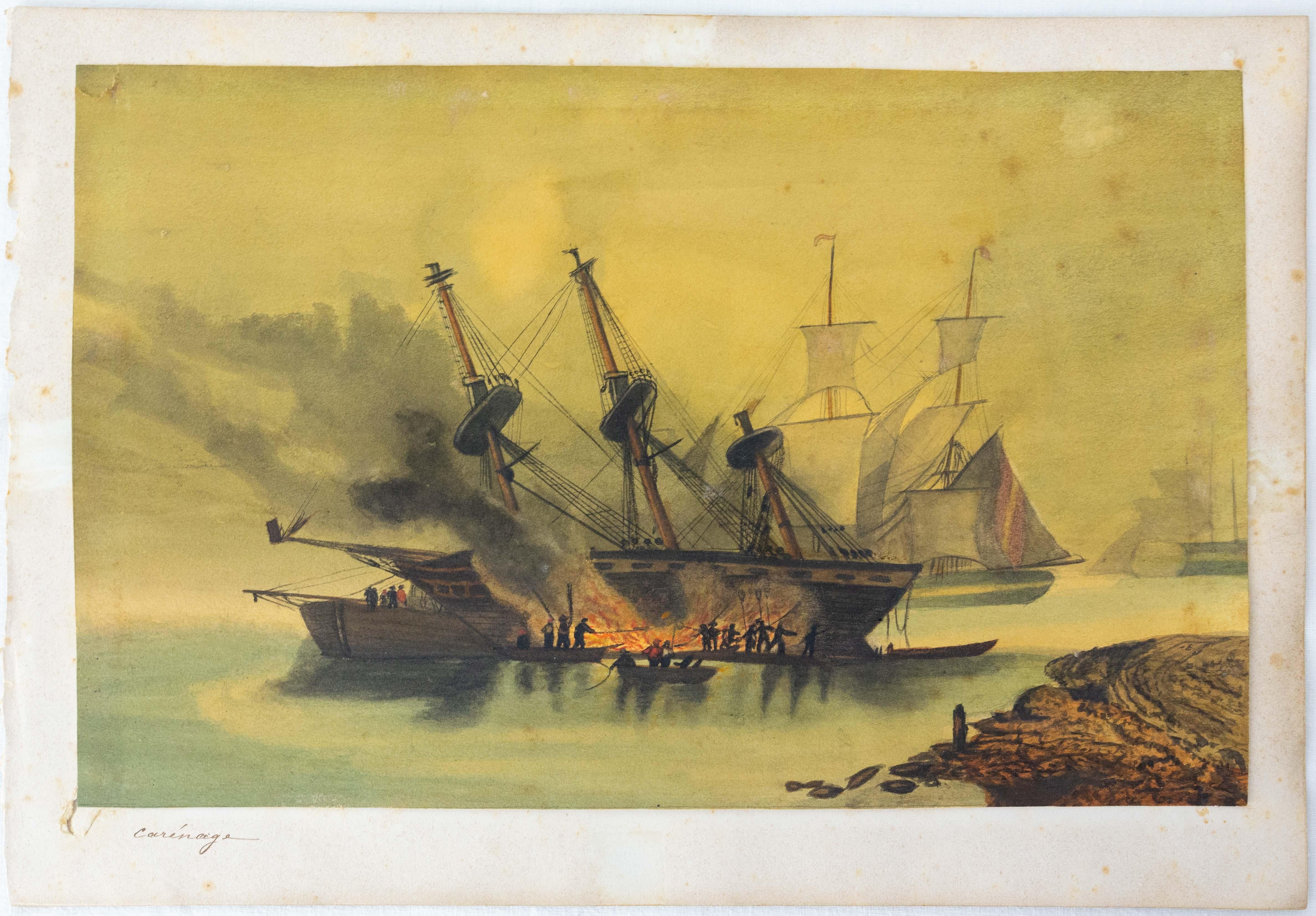 French 19th century, painting of a boat fairing.
This scene represents a boat fairing and sealing with tar by the sea. Today, as much as possible, boats are put in dry dock to carry out this kind of operation. 
For this type of boat at that time,