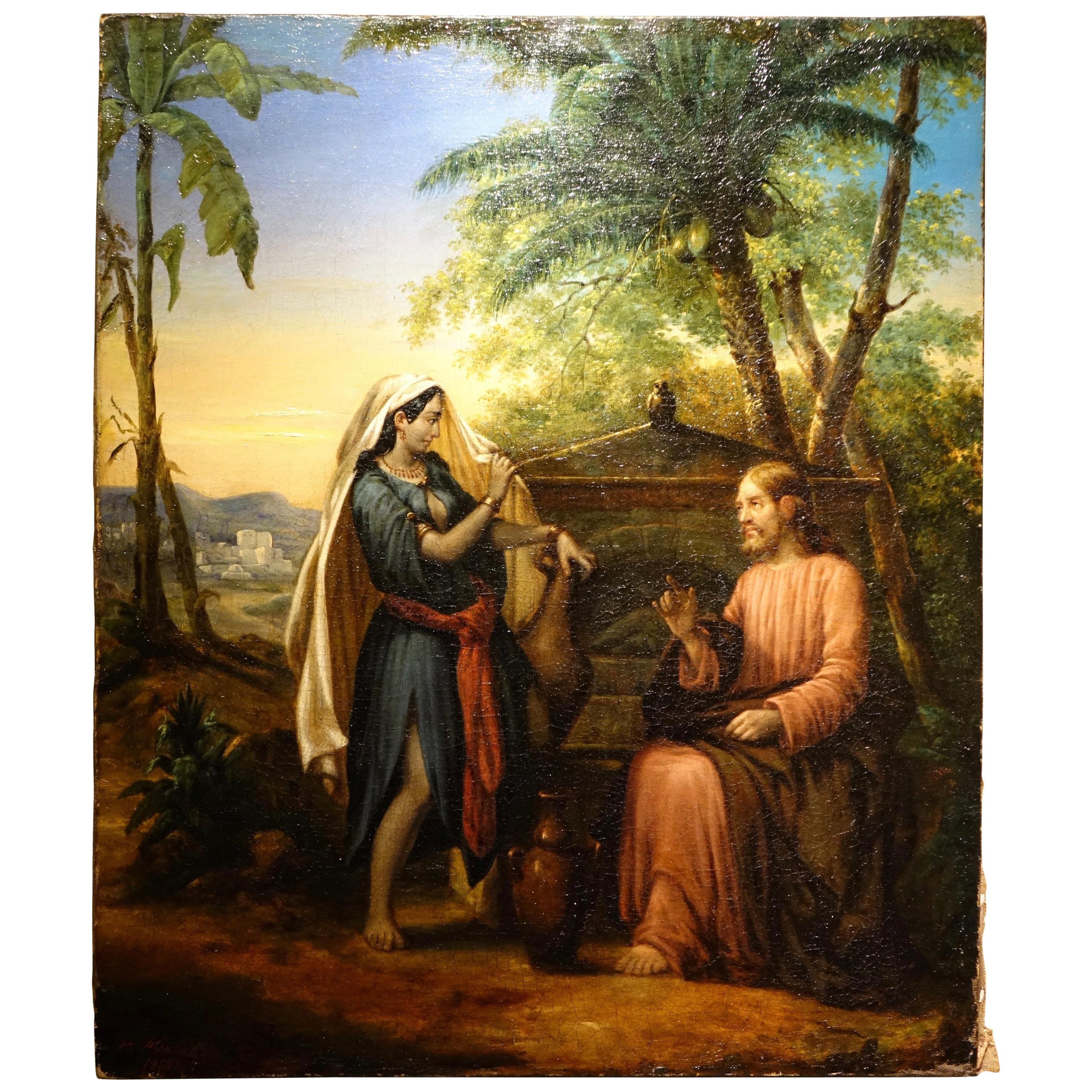 Painting Representing  "Jesus and the Samaritan Woman "Oil on Canvas Dated 1854 For Sale