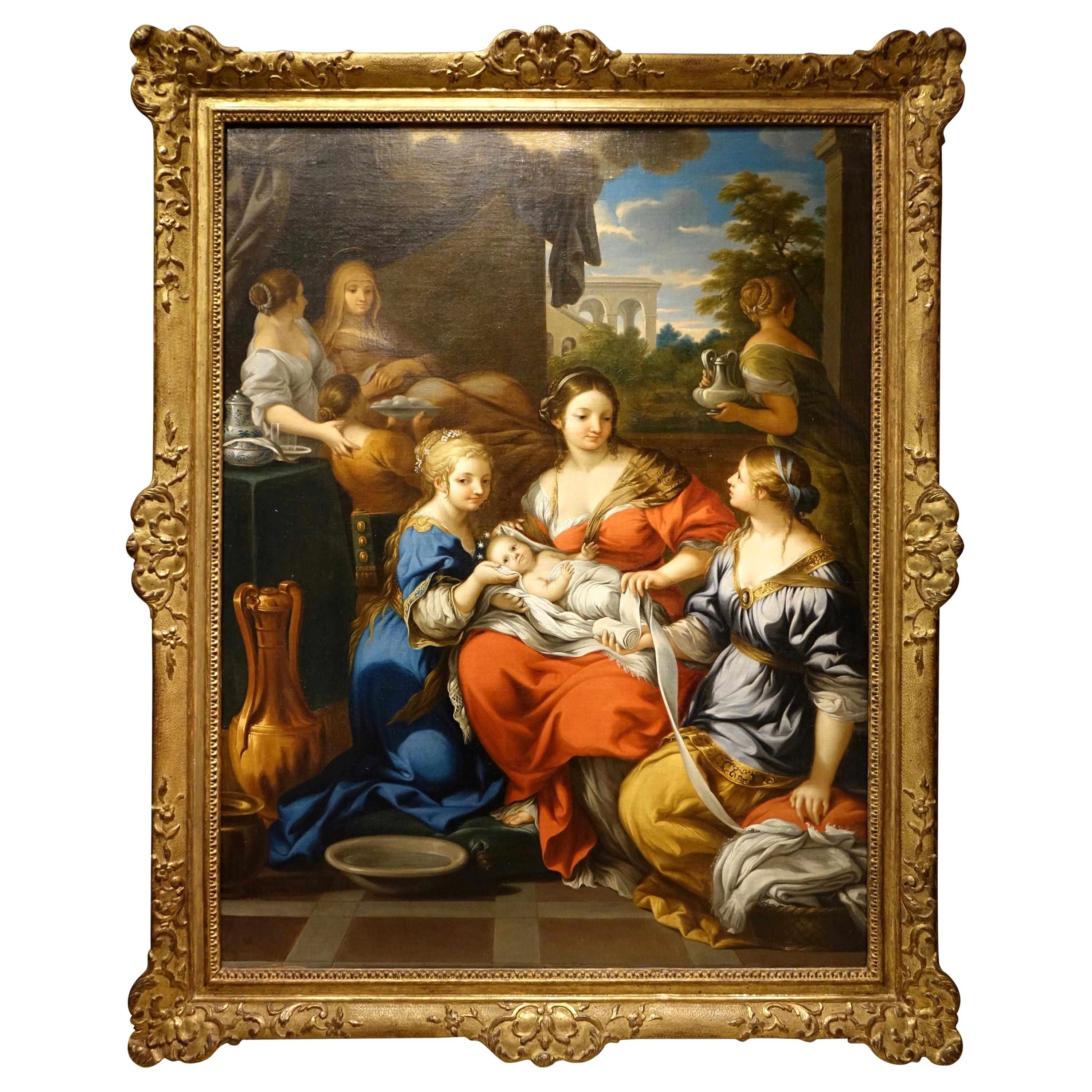 Painting Representing the Nativity of Mary, France, Oil on Canvas, 17th Century For Sale