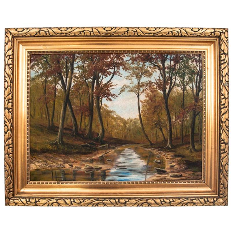 Peinture « River flowing through the forest » (le ruisseau couchant à travers la forêt) en vente