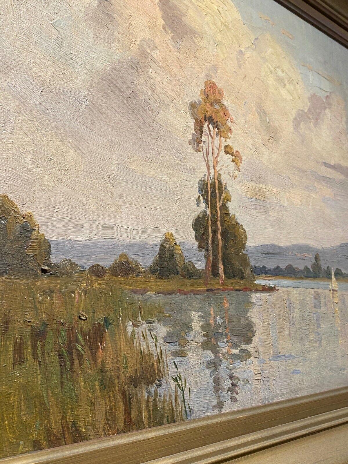 Gemälde River Lake von Erik Langker. Öl auf Karton. Abmessungen: 63 cm x 53 cm. im Angebot 1