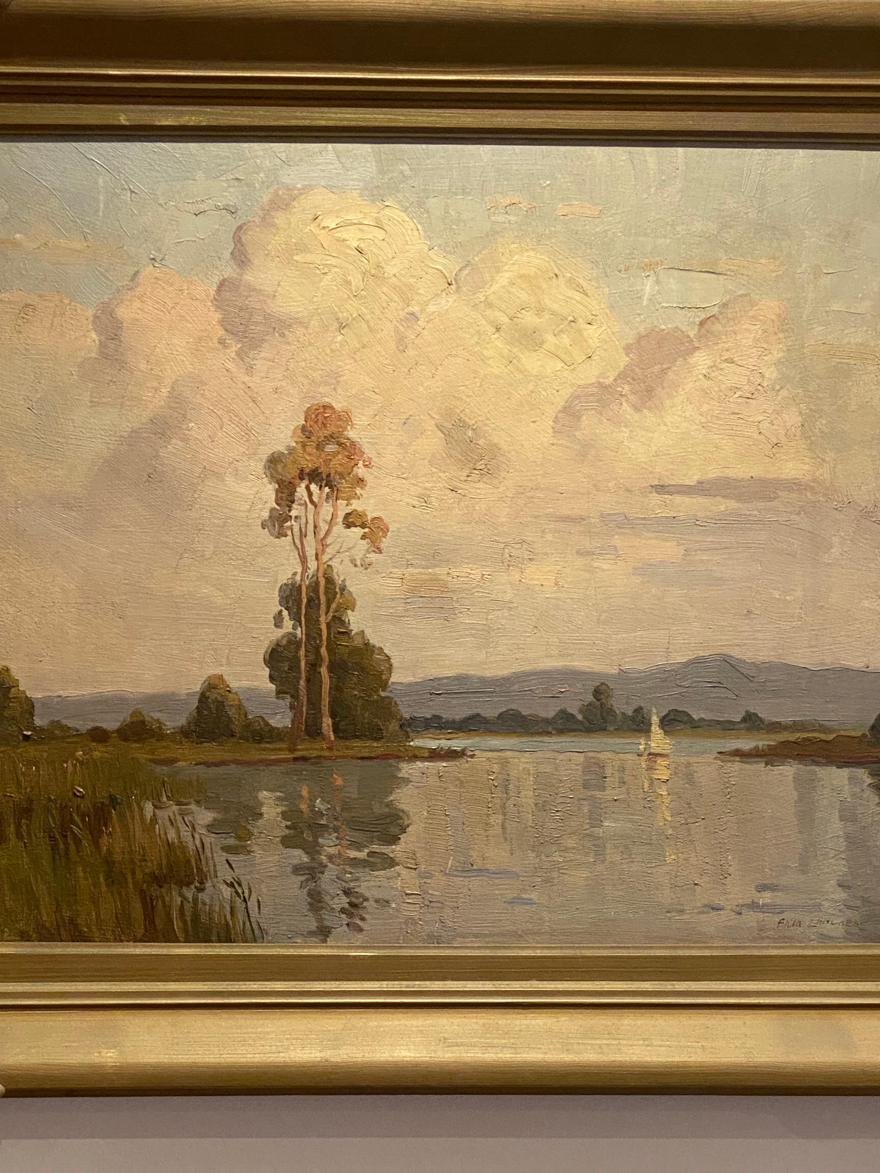 Painting River Lake by Erik Langker. Oil on board. Measurements: 63cm x 53cm. For Sale 2