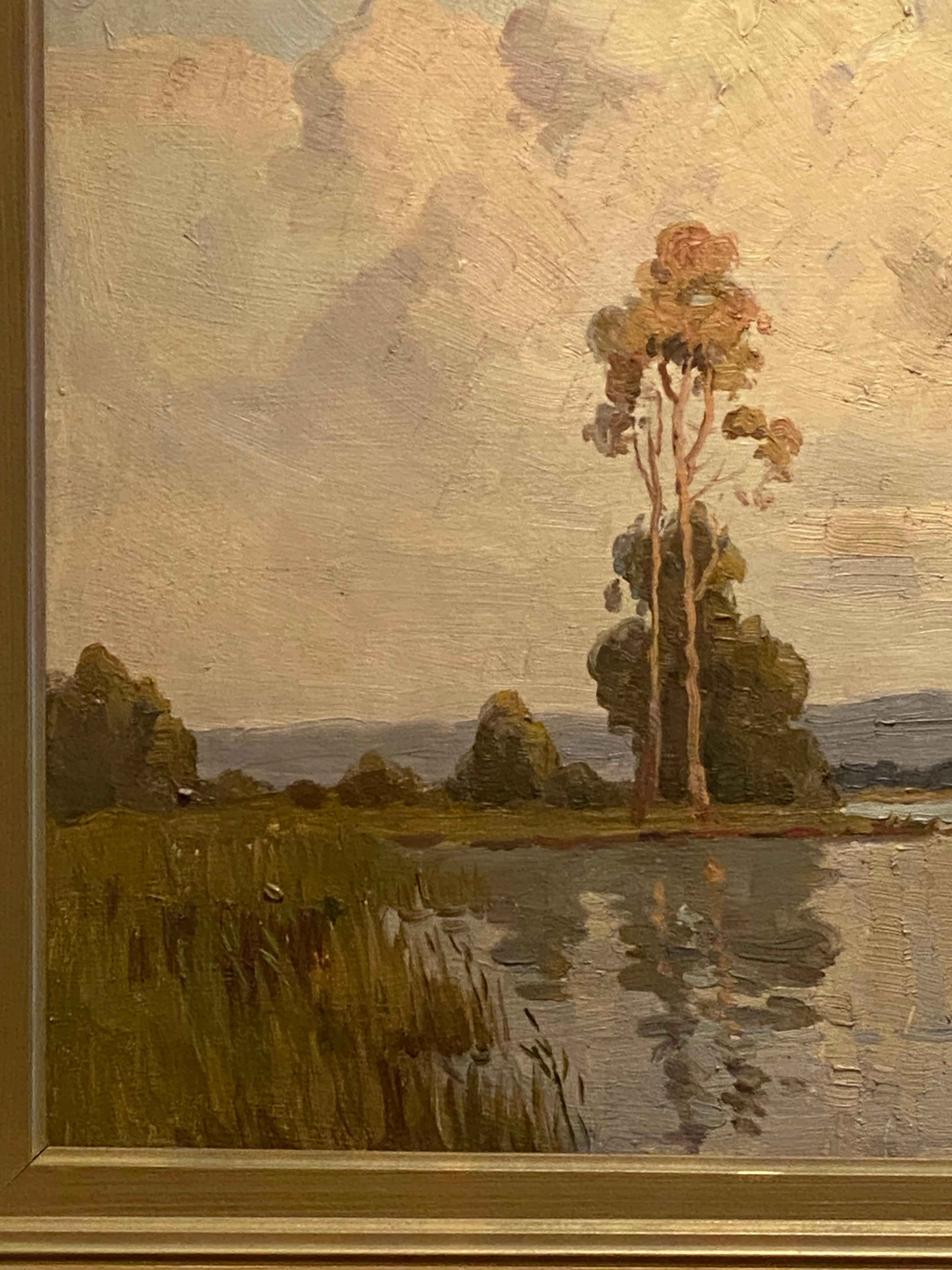 Peinture River Lake d'Erik Langker. Huile sur planche. Mesures : 63 cm x 53 cm en vente 3