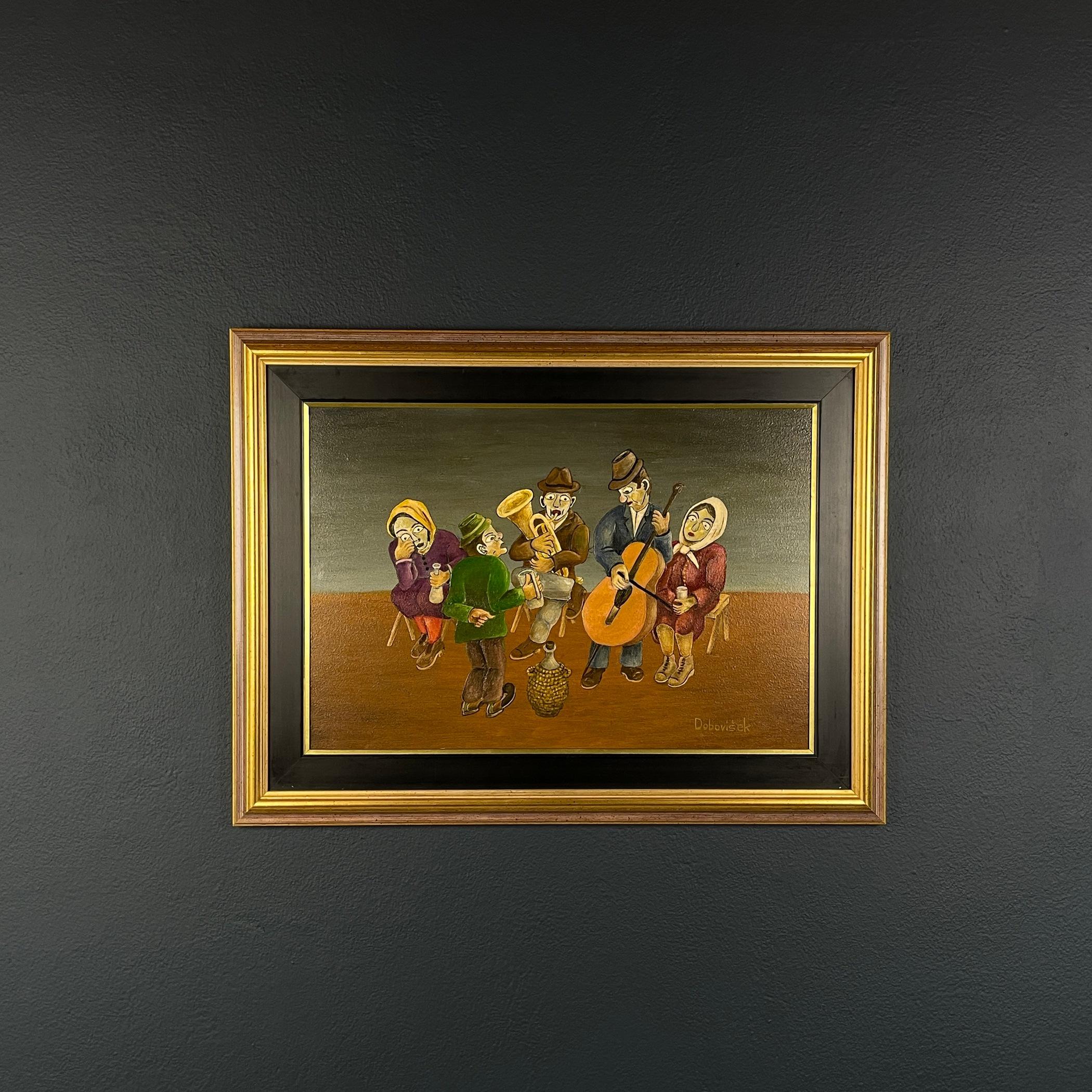 Pintura Fiesta rural, óleo, cartón duro, Oto Dobovišek, Yugoslavia 1973 en venta 4
