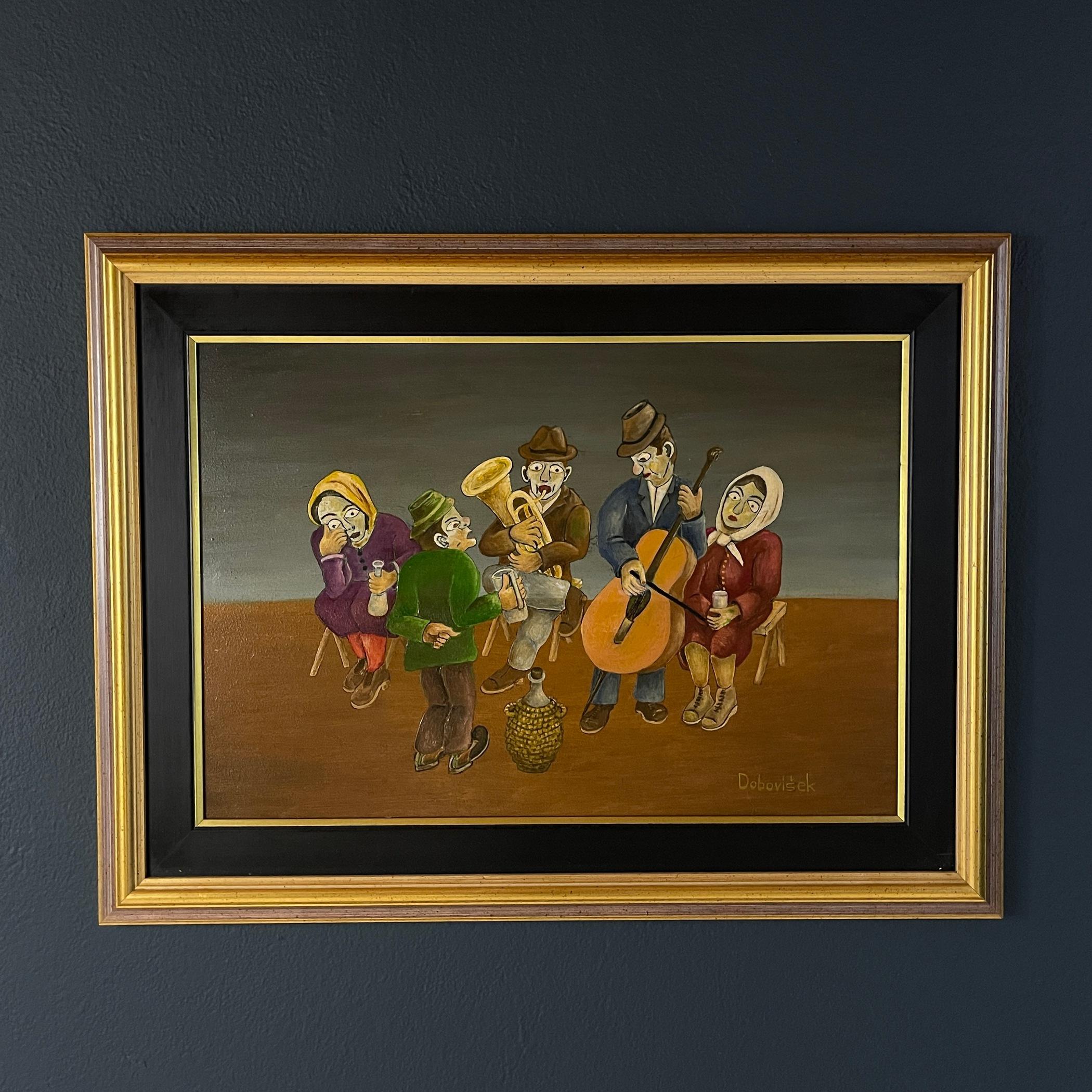 Sumérgete en el encantador y caprichoso mundo de la vida rural con este cautivador cuadro de estilo Arte Naif de Oto Dobovišek (nacido en Maribor en 1920), artista yugoslavo de 1973. Esta encantadora obra de arte popular representa una escena de la