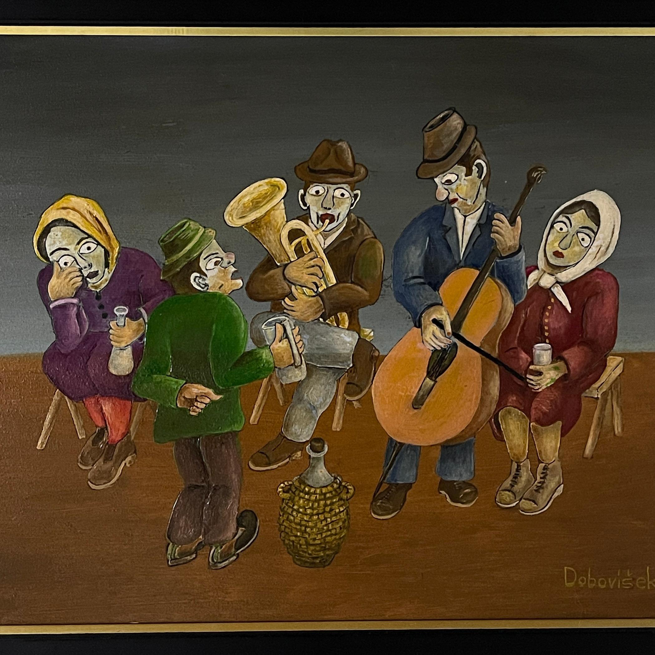 Pintura Fiesta rural, óleo, cartón duro, Oto Dobovišek, Yugoslavia 1973 Arte popular en venta
