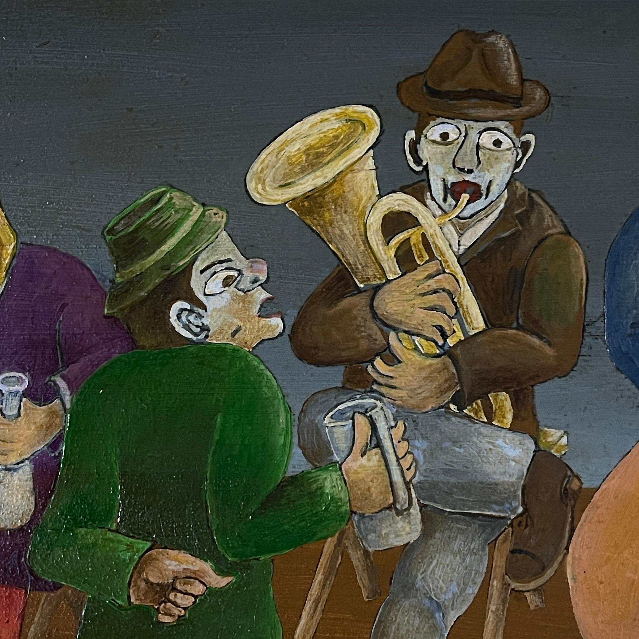 Pintura Fiesta rural, óleo, cartón duro, Oto Dobovišek, Yugoslavia 1973 en Bueno estado para la venta en Miklavž Pri Taboru, SI