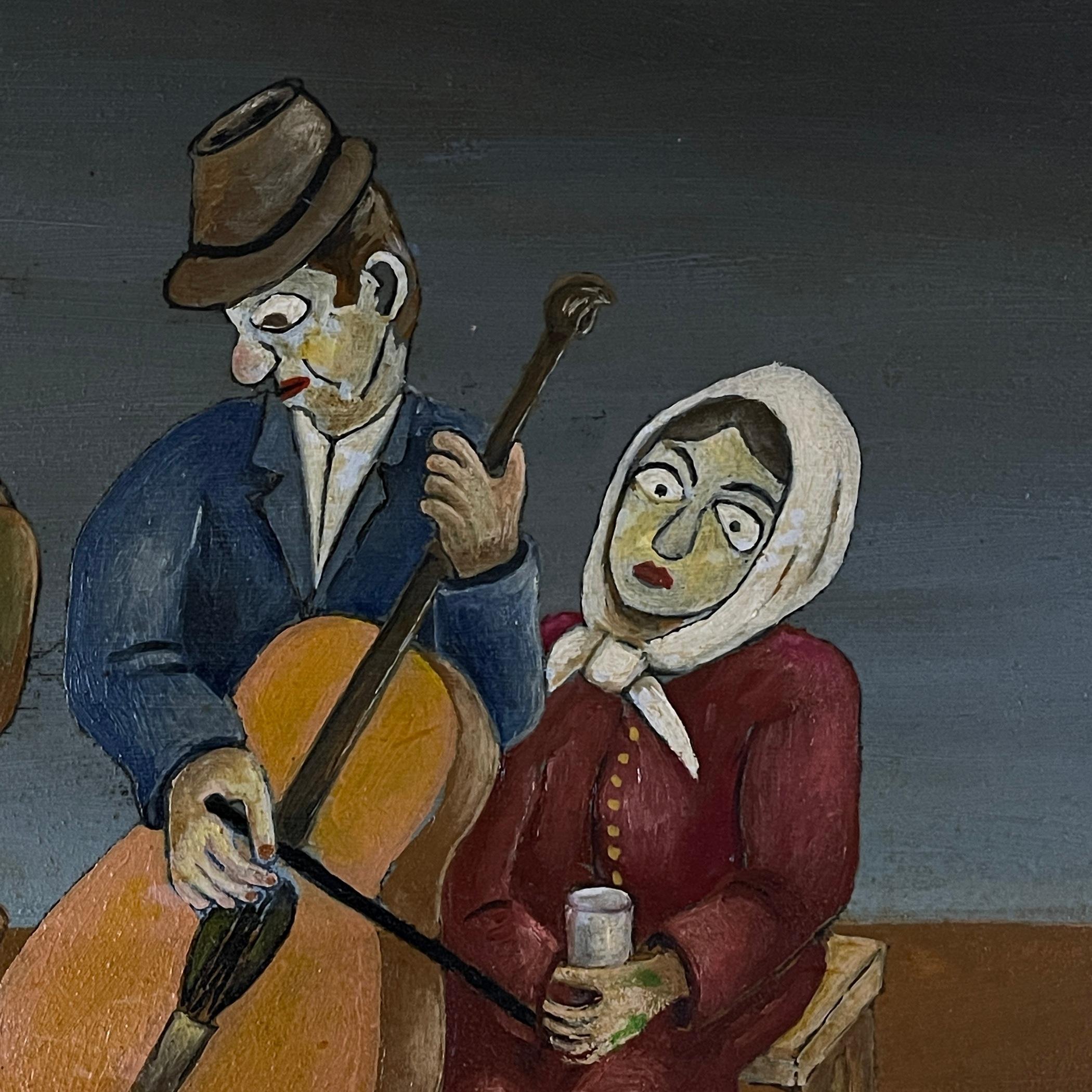 Pintura Fiesta rural, óleo, cartón duro, Oto Dobovišek, Yugoslavia 1973 siglo XX en venta