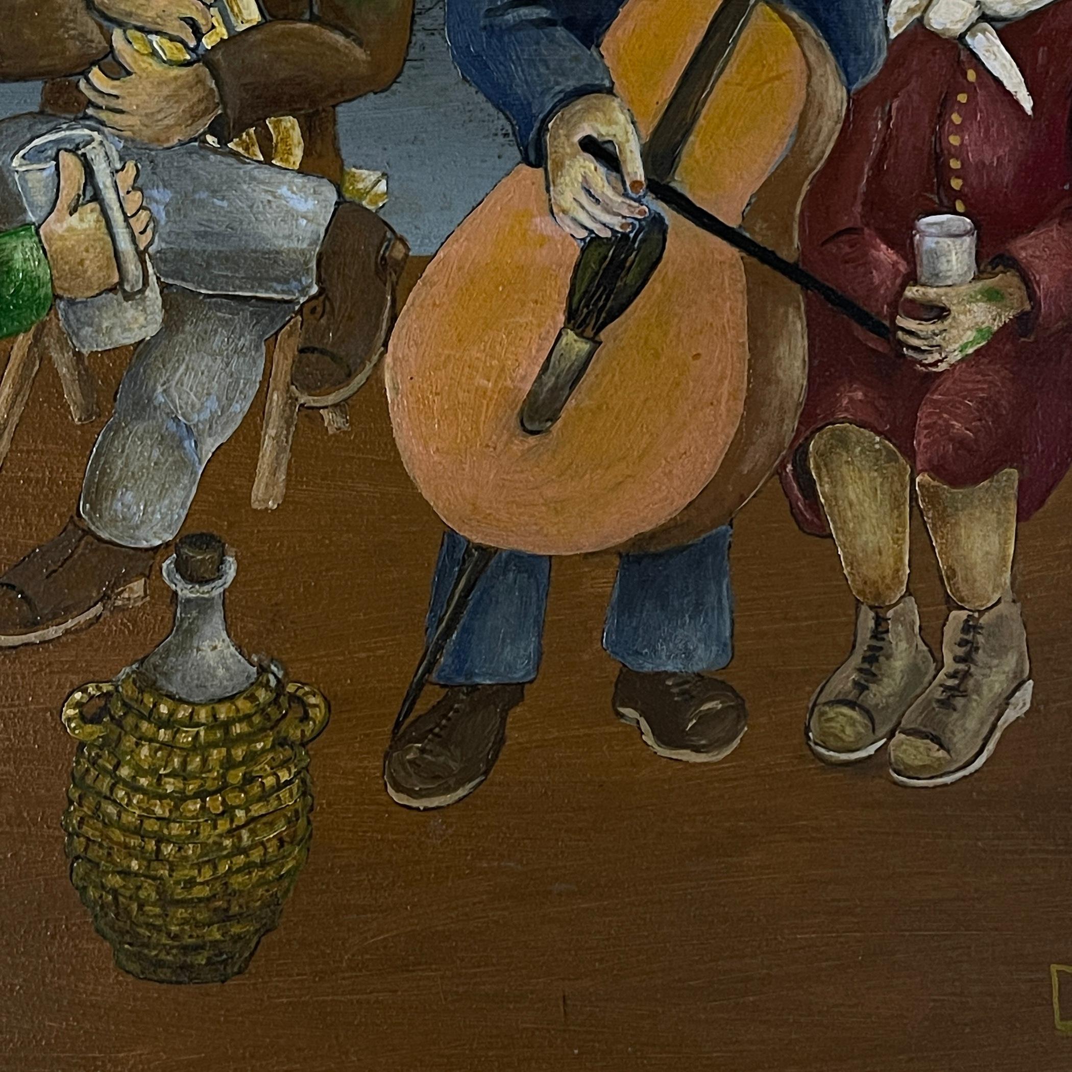 Pintura Fiesta rural, óleo, cartón duro, Oto Dobovišek, Yugoslavia 1973 en venta 1