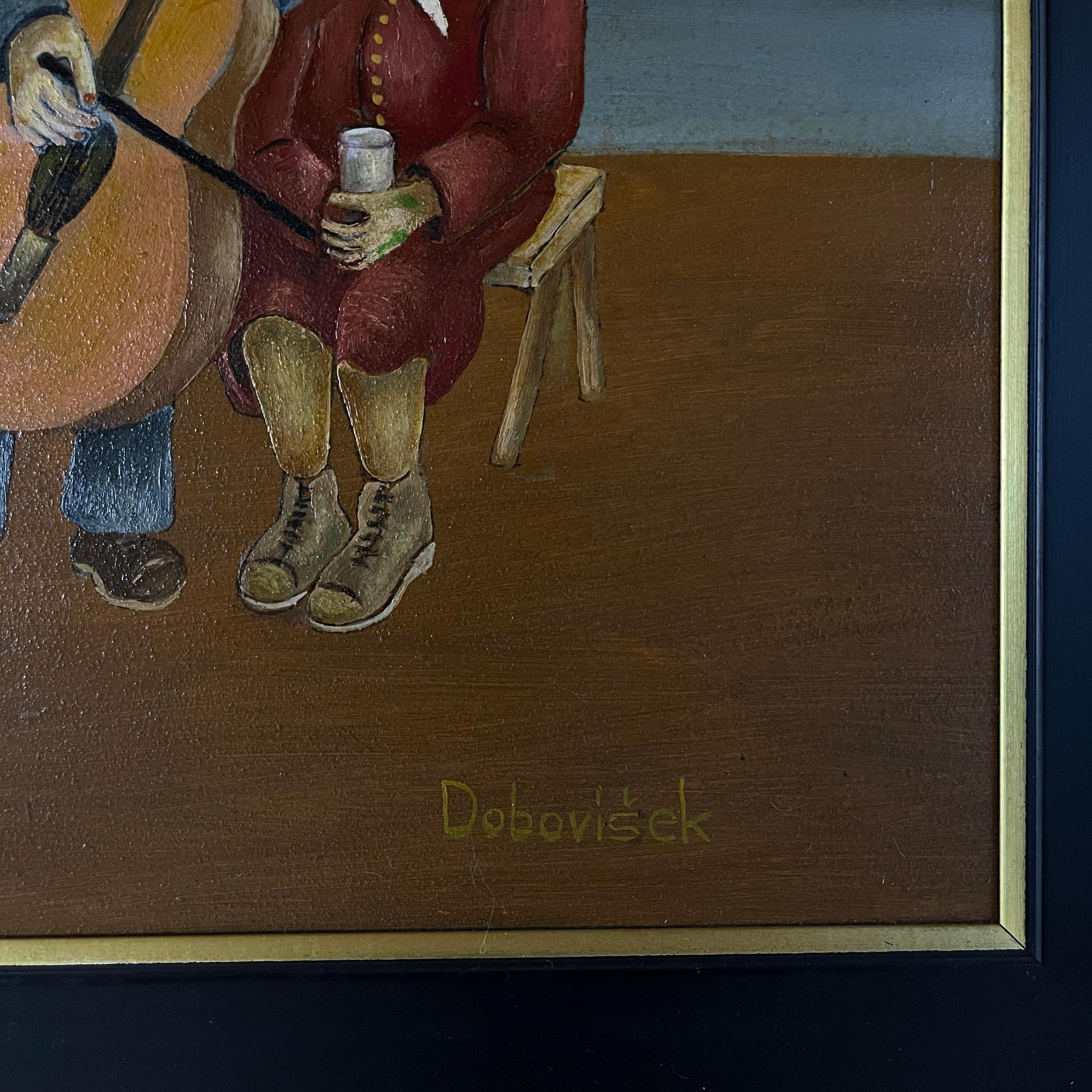Pintura Fiesta rural, óleo, cartón duro, Oto Dobovišek, Yugoslavia 1973 en venta 3