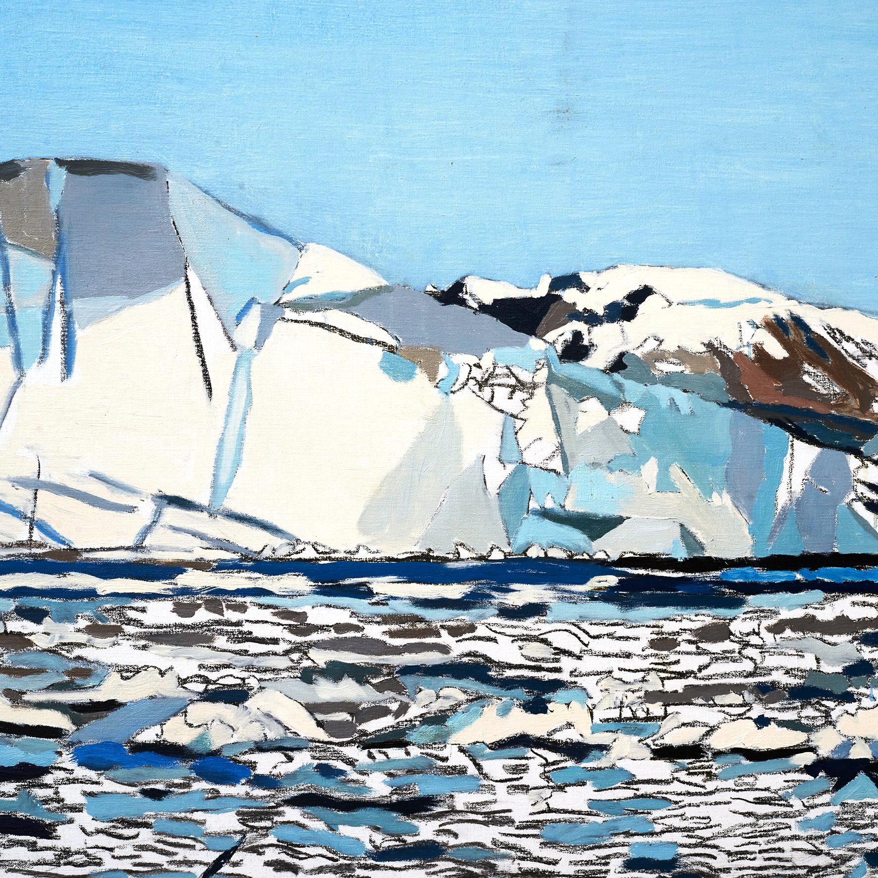 The painting depicts the Greenland ice sheet with several icebergs. 
One of Eva's last big project was to paint motifs from the arctic.

This painting is from her estate and therefore not completely finished, but a very exciting