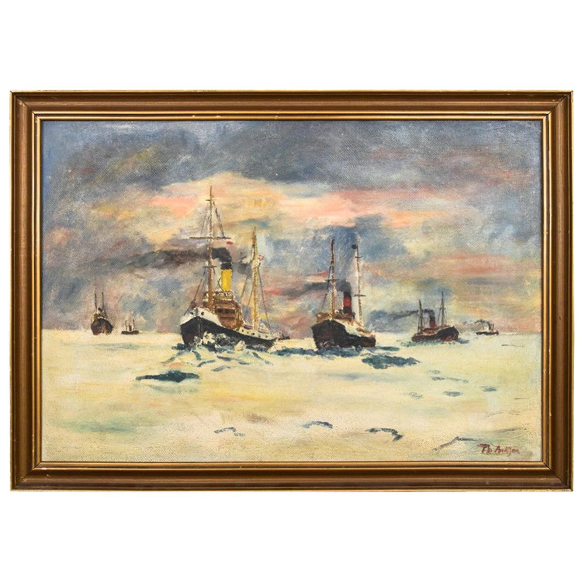 Painting "Ships going to the port", Scandinavia For Sale