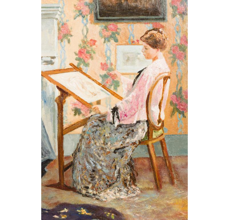 Hand-Painted Painting Showing Woman Drawing For Sale
