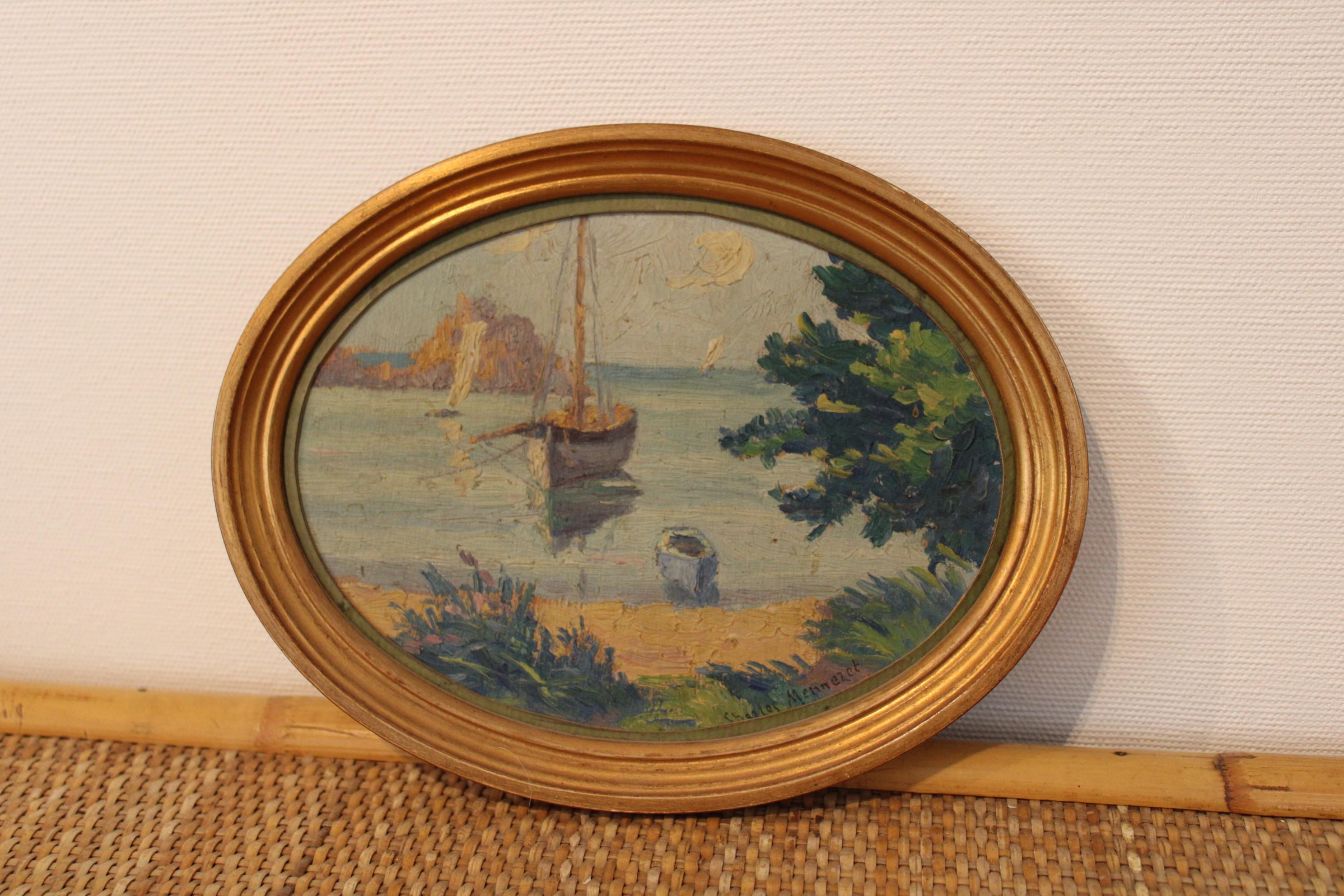 Painting by Charles Menneret (1876-1946)
Represents a French landscape, in Bretagne region
Signed on the painting 

Dimensions with frame : 24 x 19 x 2 cm
Painting dimensions : 20 x 15 cm.
  