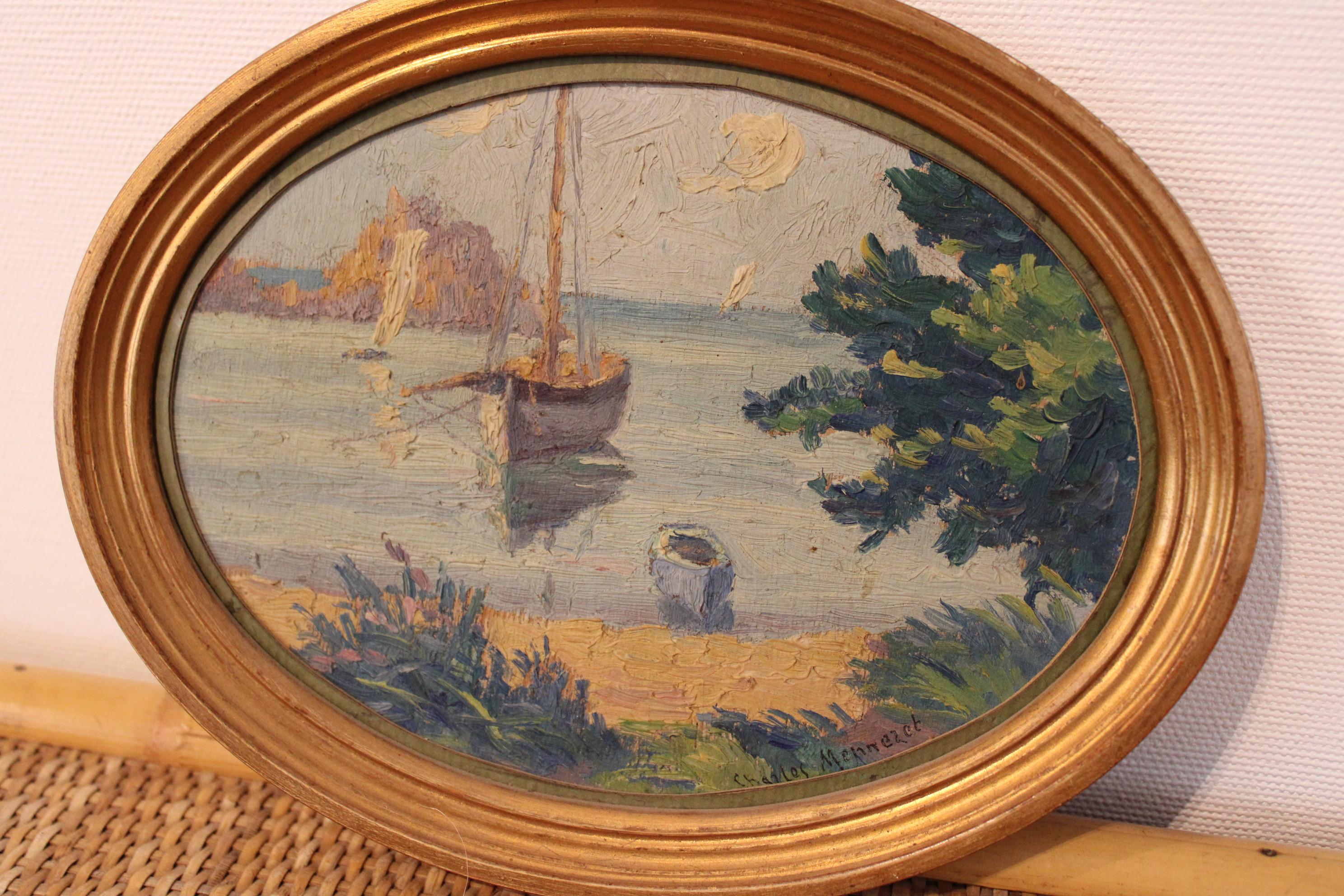 French Painting Signed Charles Menneret, France 20th Century For Sale