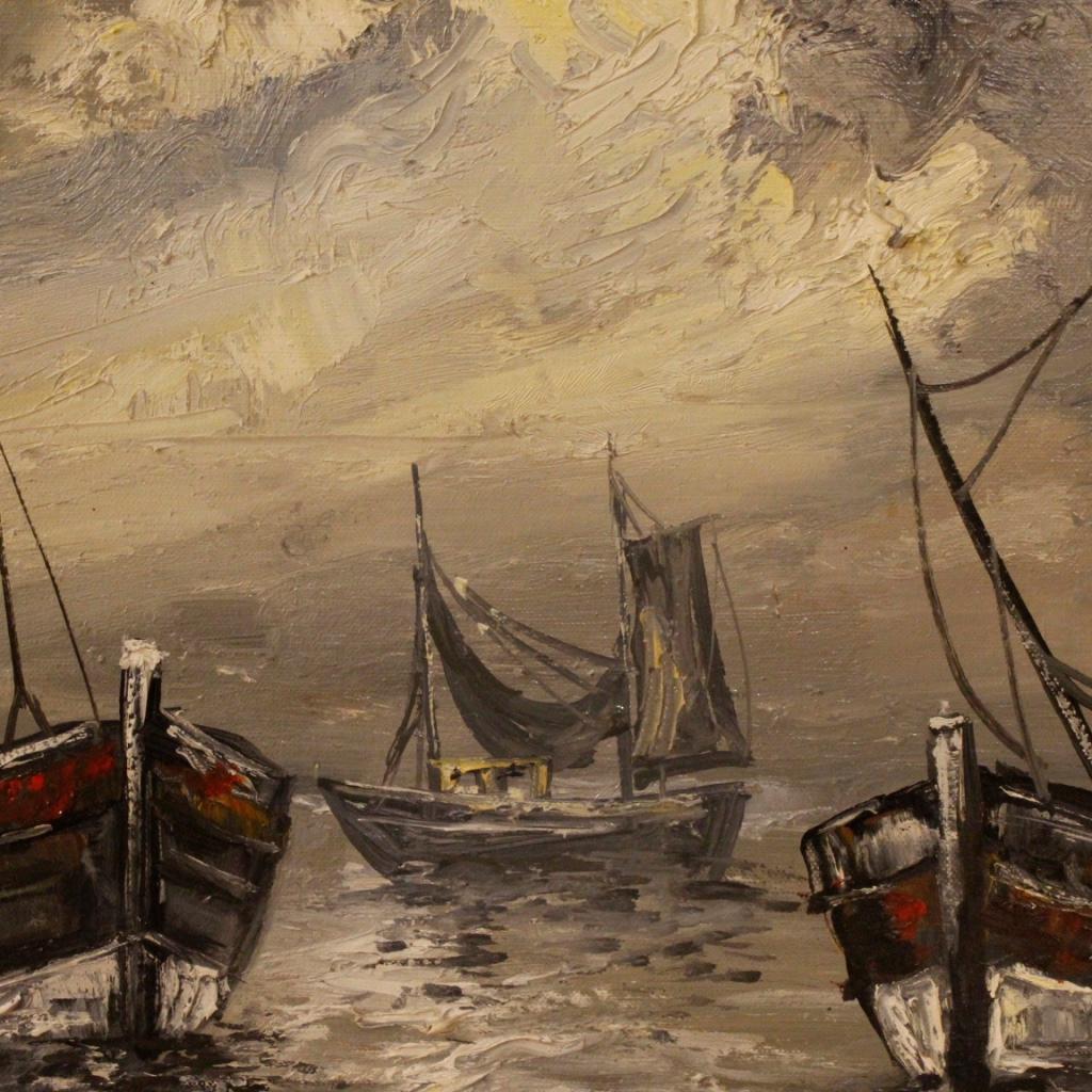 Peinture signée Emile Lammers Marina avec des bateaux, 20e siècle en vente 5