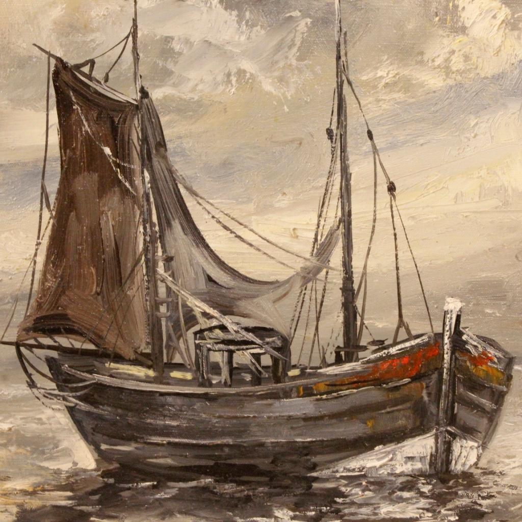 Peinture signée Emile Lammers Marina avec des bateaux, 20e siècle en vente 6