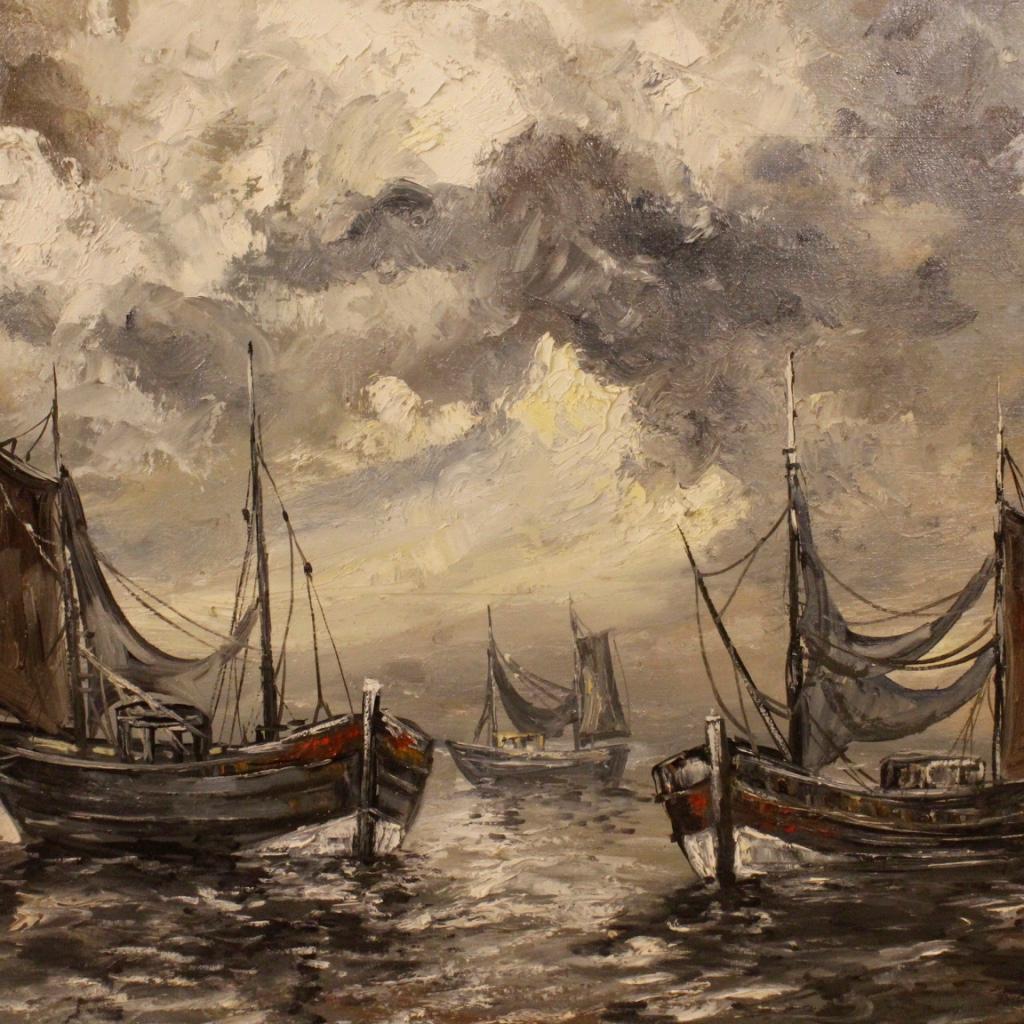 Grande peinture belge du 20e siècle. Opéra huile sur toile, sur la première toile, représentant un port de plaisance avec des bateaux dans le style impressionniste. Cadre en bois plâtre équipé de passe-partout en bois, richement sculpté et doré, de