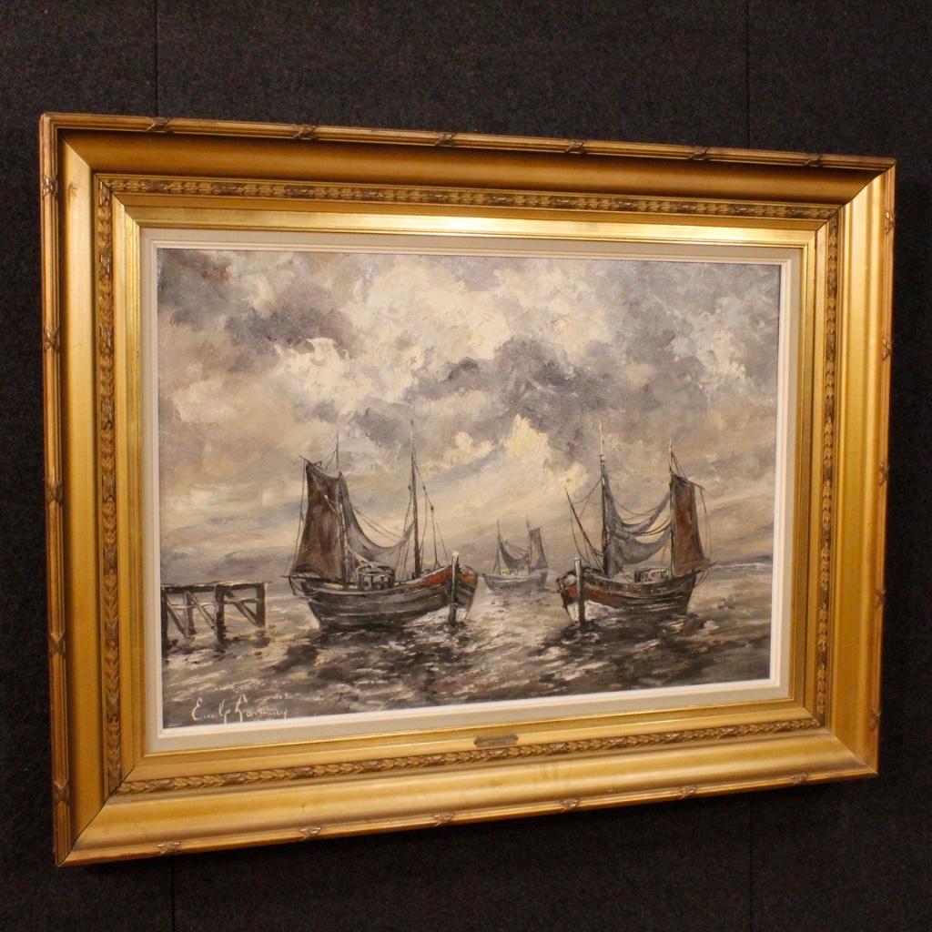 Peinture signée Emile Lammers Marina avec des bateaux, 20e siècle en vente 1