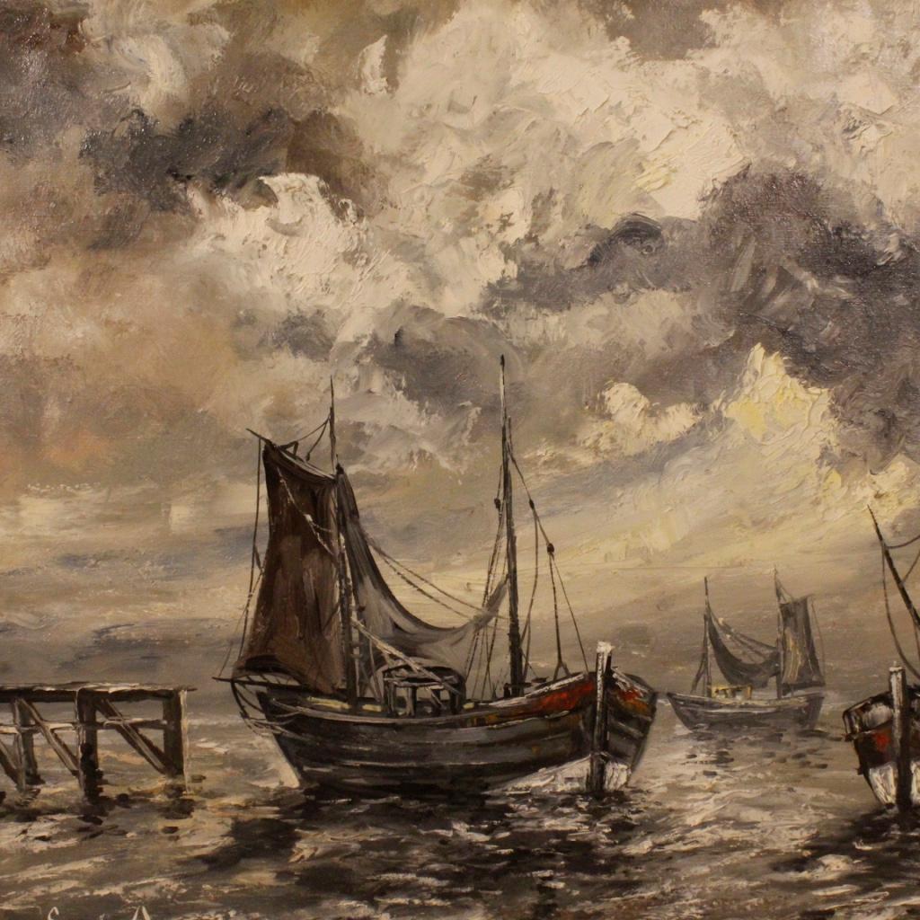 Peinture signée Emile Lammers Marina avec des bateaux, 20e siècle en vente 2