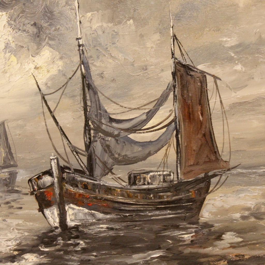 Peinture signée Emile Lammers Marina avec des bateaux, 20e siècle en vente 3