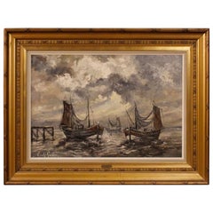 Peinture signée Emile Lammers Marina avec des bateaux, 20e siècle