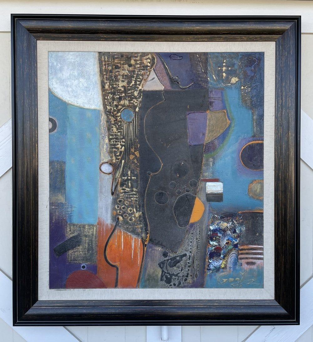 Beautiful abstract painting depicting a nude male and female embracing each other, signed Gogi Lazarashvili and titled-Good night my Love

The painting is framed in a beautiful black frame and is in very good condition.

Measurements:
54 inches