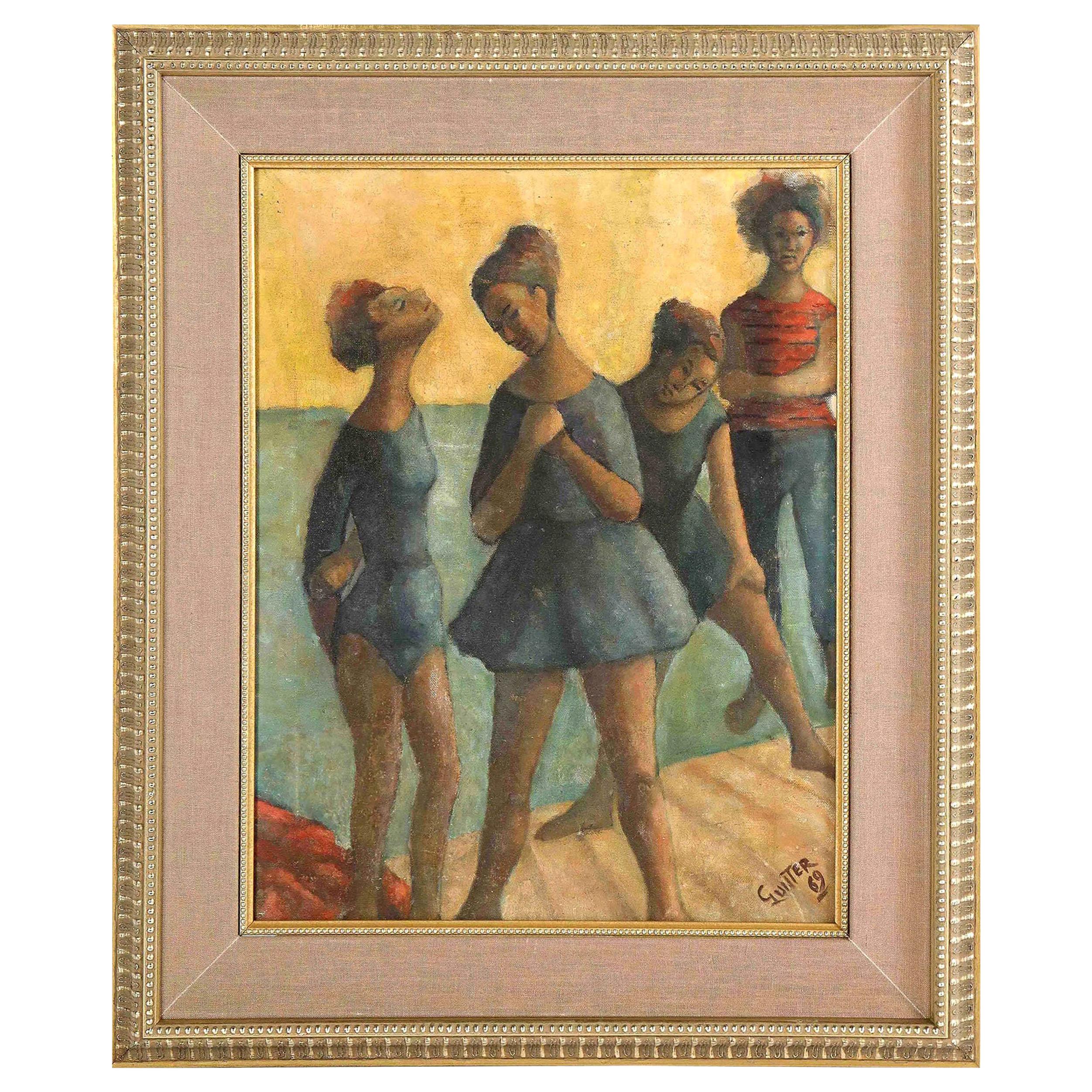 Painting, Signed Gunter, Green and Blue Color, "Dancers", Midcentury, C 1969