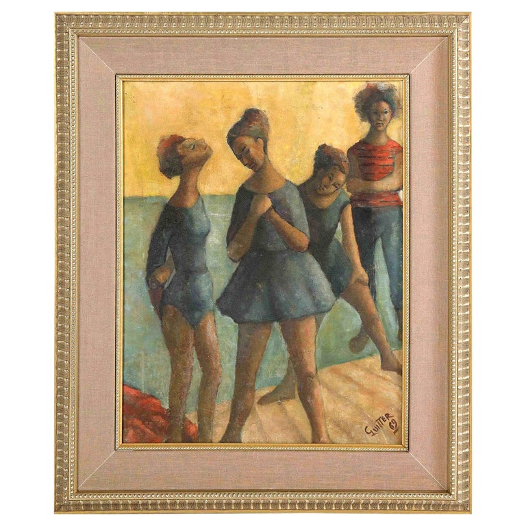 Painting, Signed Gunter, Green and Blue Color, "Dancers", Midcentury, C 1969 For Sale