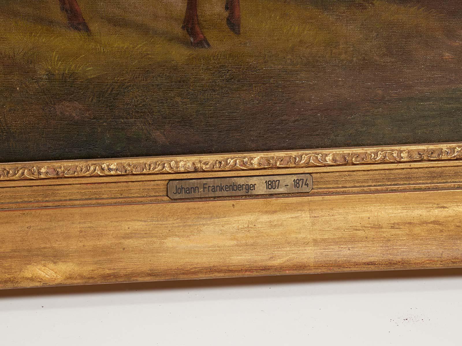 Gemälde in Öl auf Leinwand, das eine Gruppe von Hirschen darstellt. Goldfarbener Rahmen. Unterschrieben: Johann Frankenberger 1807-1874, Deutschland, 1840 ca.