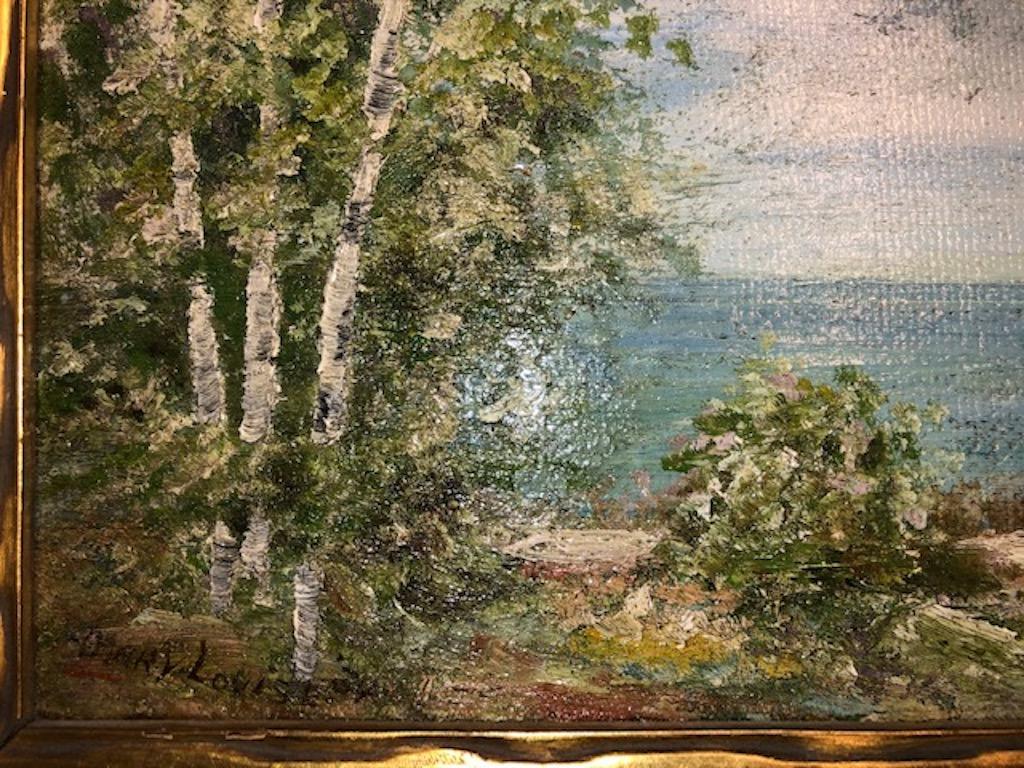Painting signed “Mary Louise”

 Artwork is oil on board, signed lower left
Dated 1934
Measures: 10” H x 12” W, overall size is 12” x 15”

 “Riverscape”. 
 