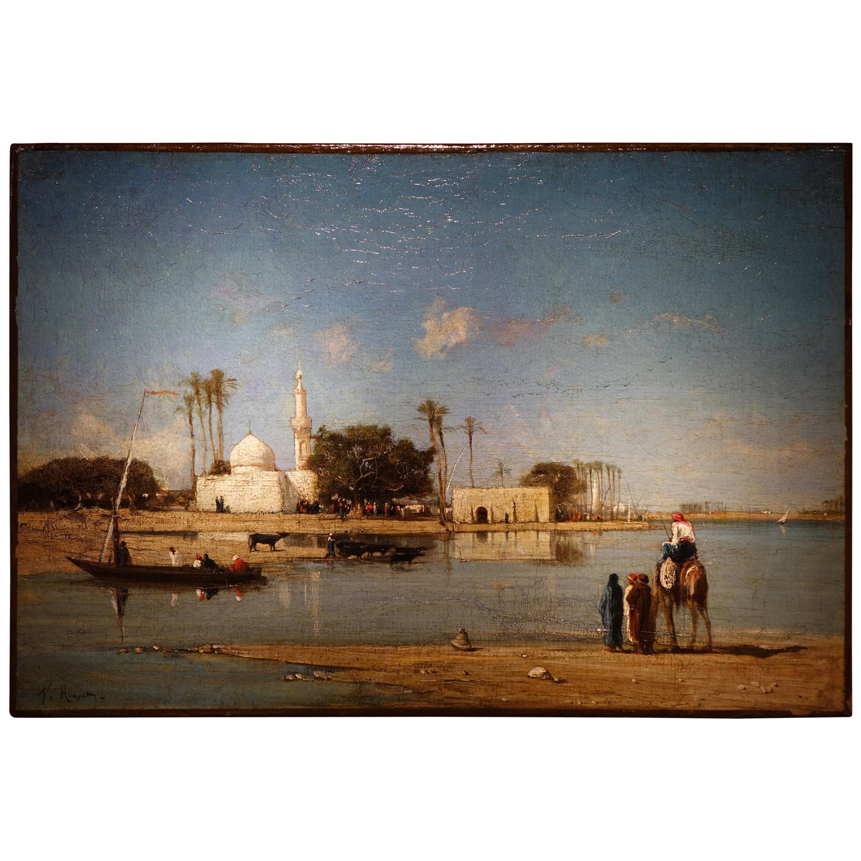 Painting Signed Victor Huguet Banks of the Nile, Oil on Canvas