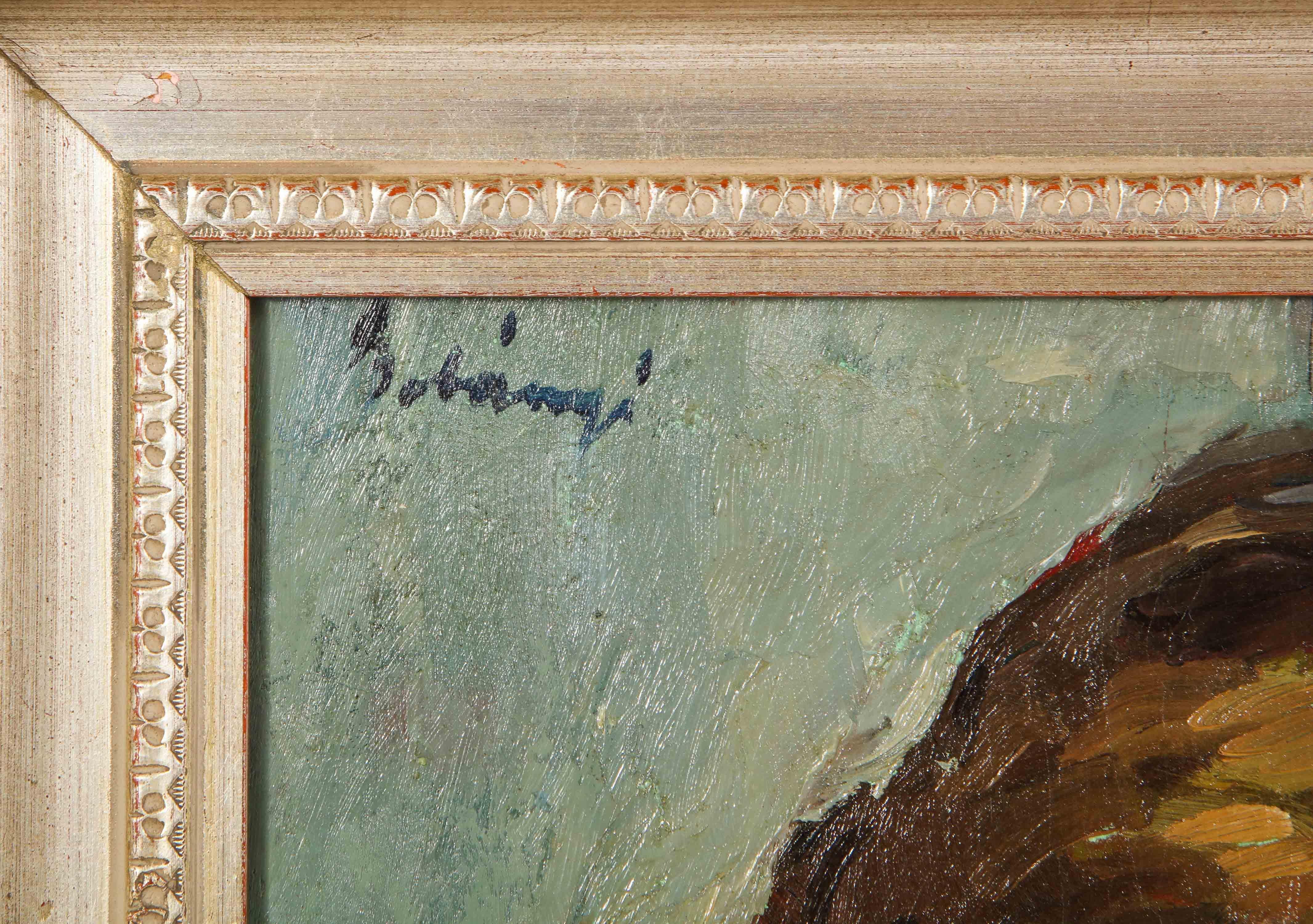 Mid-Century Modern Peinture, signée, Art du milieu du siècle dernier, encadrée, C 1950, couleurs vertes, rouges et taupes en vente