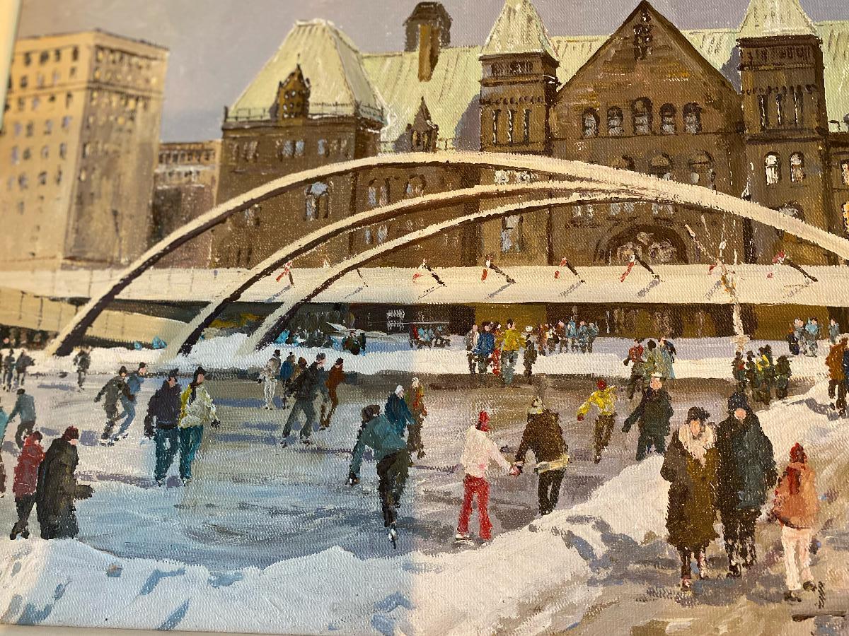 Hand-Painted Painting 'Skaters Toronto' by Inge Claussen For Sale