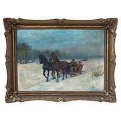 Painting "Sled in the Snow" oil on canvas, Poland, 1975.