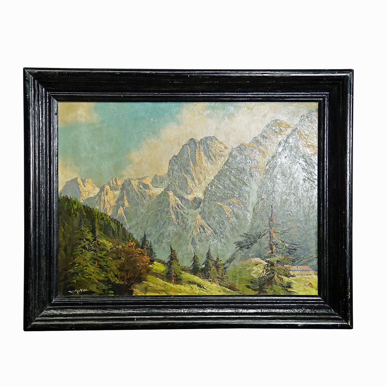 Summerly high mountain landscape, oil on board late 19th century.

An antique oil painting depicting a high mountain landscape with trees and cabin in front of a massif. Painted on board with pastell colors. Framed with antique black frame. On the