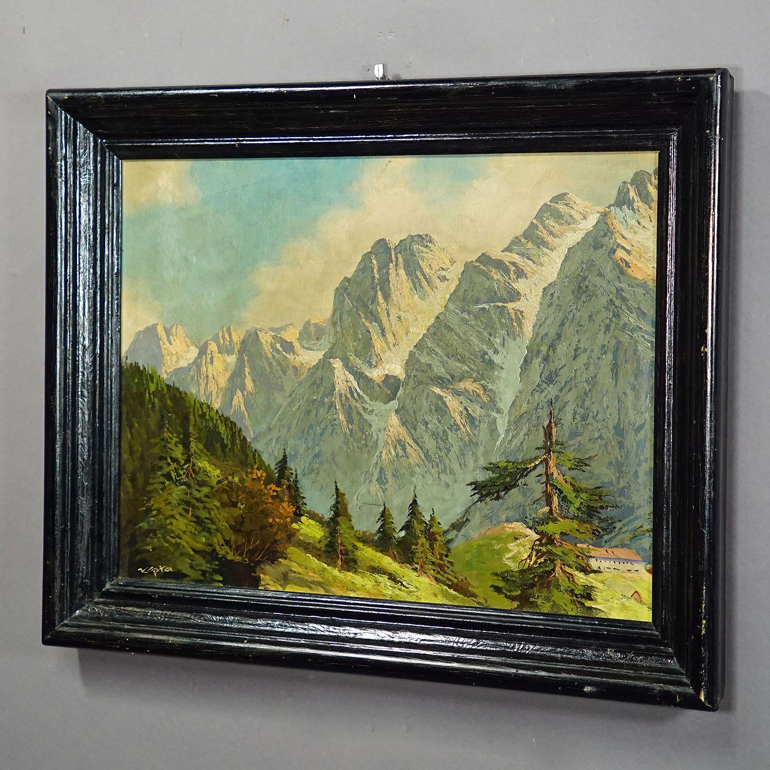 Biedermeier Painting Summerly High Mountain Landscape, Oil on Board Late 19th Century